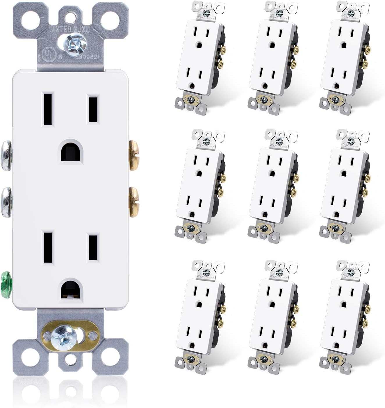 ELEGRP Decorator Receptacle, 15A 125V Standard Electrical Wall Outlet, 2 Pole 3 Wire, Non- Tamper Resistant, NEMA 5-15R, Self-Grounding Residential Grade Outlet, UL (Glossy White, 10 Pack)