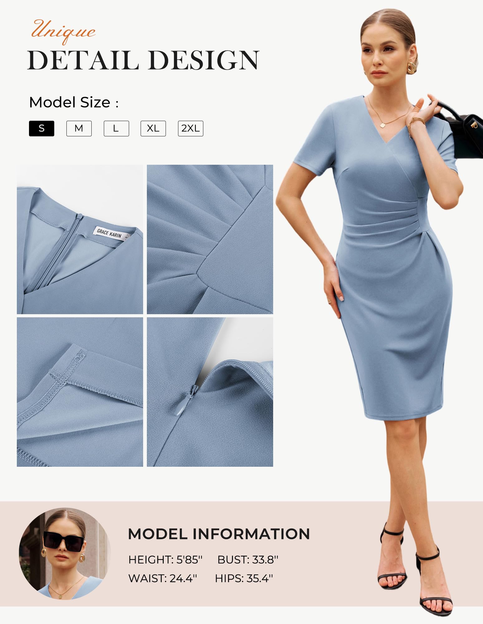 GRACE KARIN Abito da cocktail da donna a maniche corte con scollo a V, drappeggiato e spacco posteriore, abbigliamento da ufficio