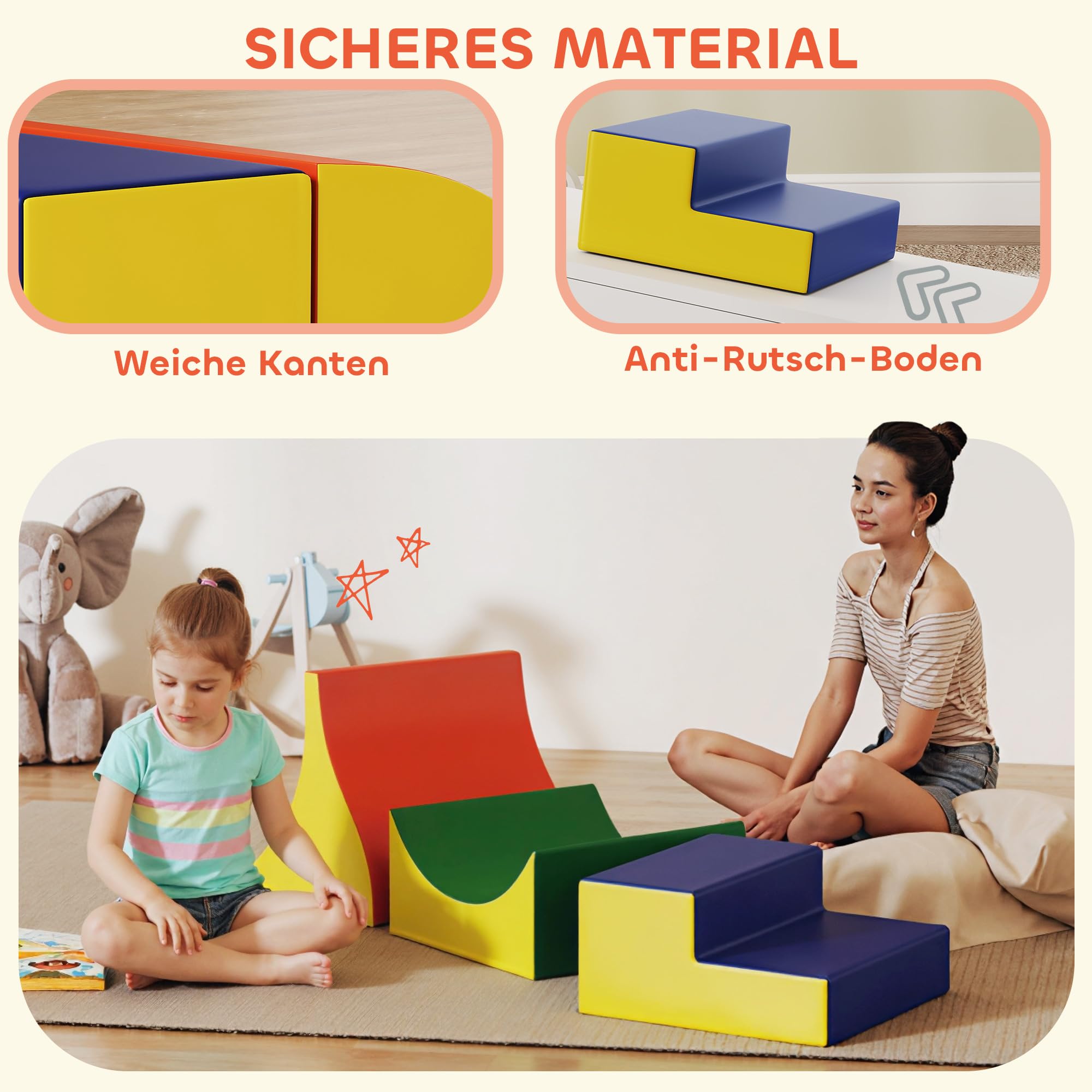 AIYAPLAY Schaumstoff Bausteine Kinder 3 Stück Klettern Softbausteine Bausteinset Großbausteine Baby Riesenbausteine Bauklötze Kunstleder Gelb