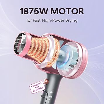 Wavytalk Hair Dryer, Blown Away Ionic Hair Dryer for Curly Hair with Diffuser, 1875W Fast Drying Blow Dryer with Ceramic Technology, 3 Attachments for All Hair Types, Light and Quiet, Rose Gold