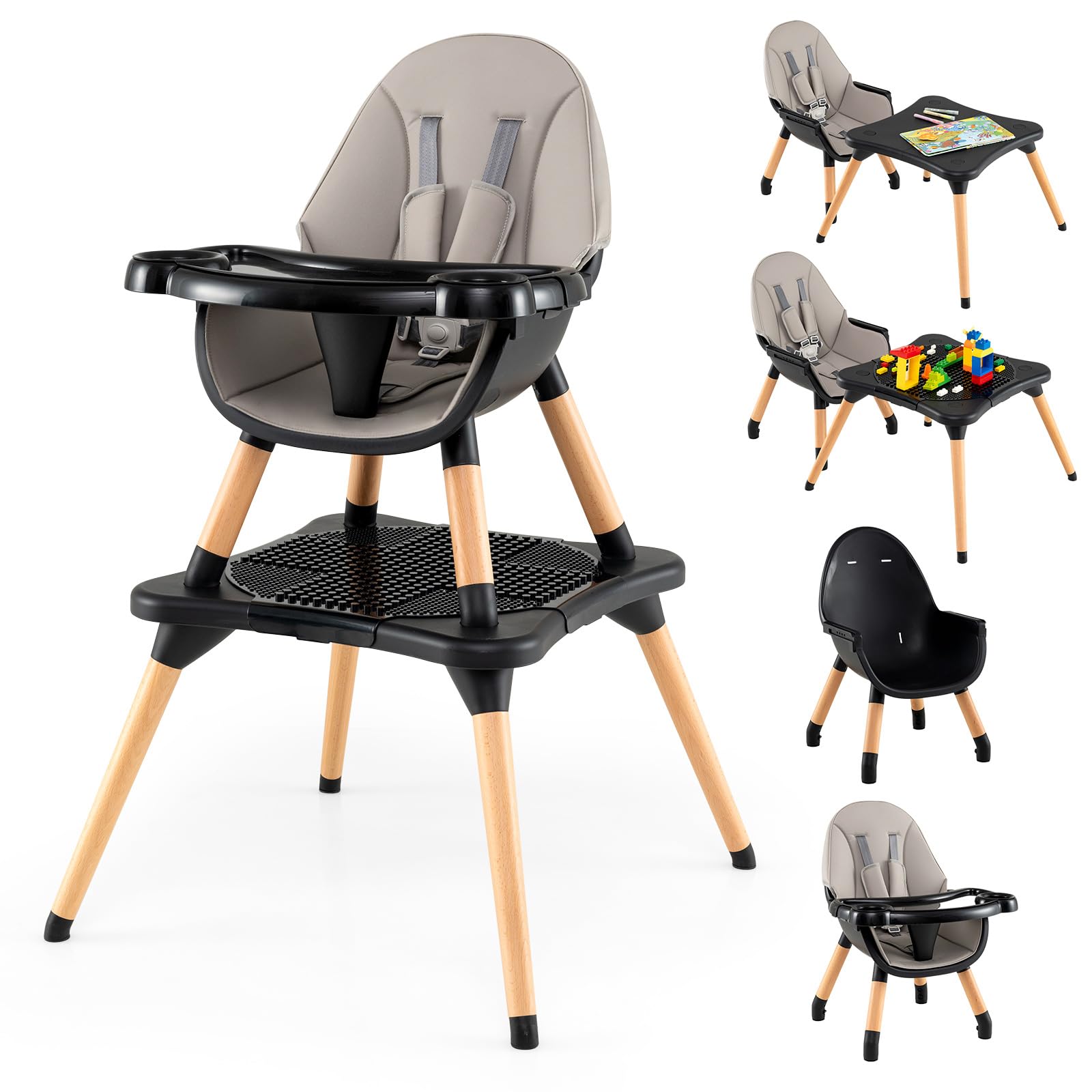 COSTWAY 6 in 1 Hochstuhl Baby, Kinderhochstuhl umwandelbar mit Bausteintisch, abnehmbarem Doppeltablett, Babyhochstuhl, Babystuhl, Kombihochstuhl für 6-36 Monate Kinder (Schwarz)