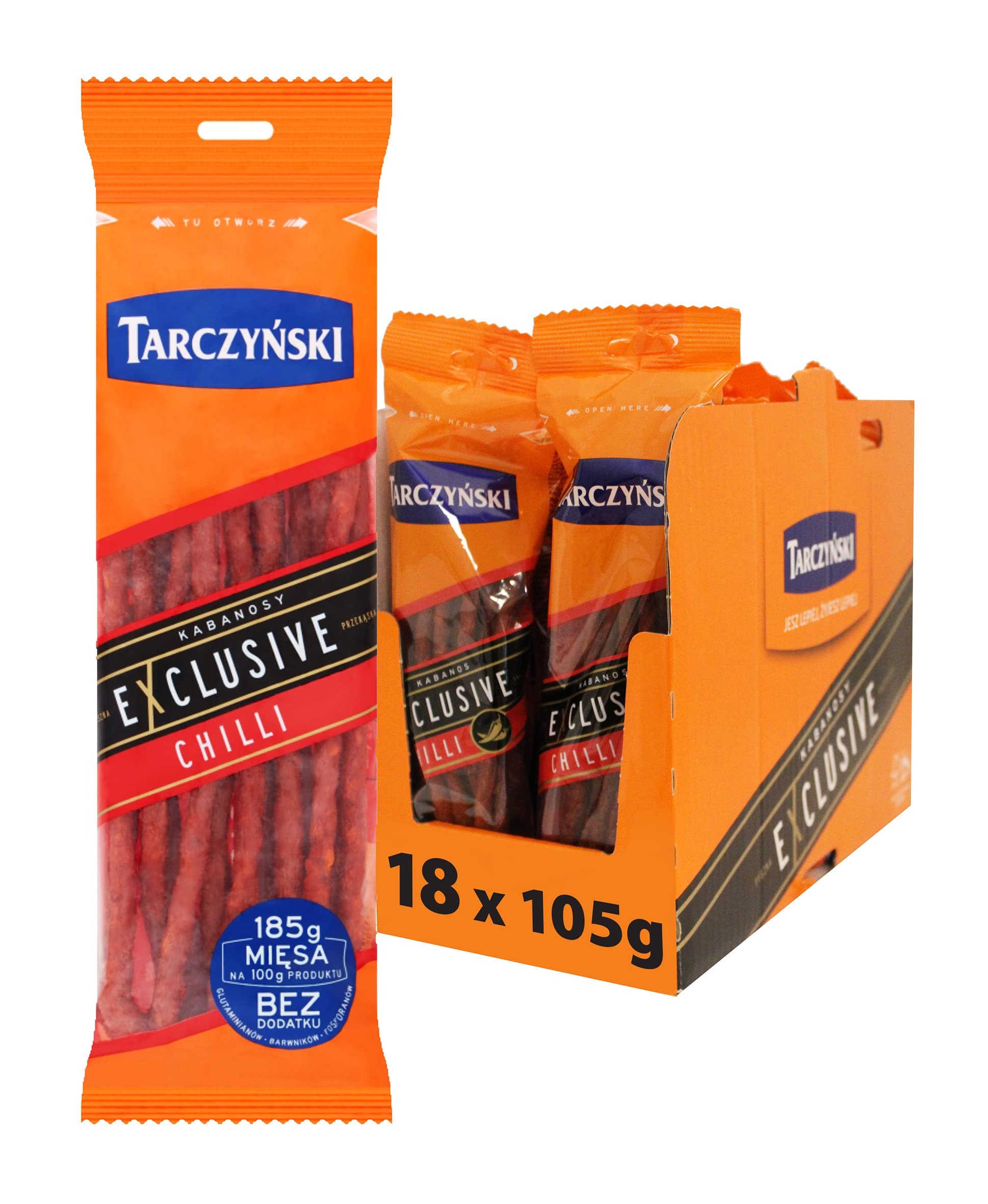 Tarczyński Schweinefleisch & Chili Kabanos Wurst 105g (18er Pack) - 25g Protein - Fleischsnack für unterwegs - Multipack