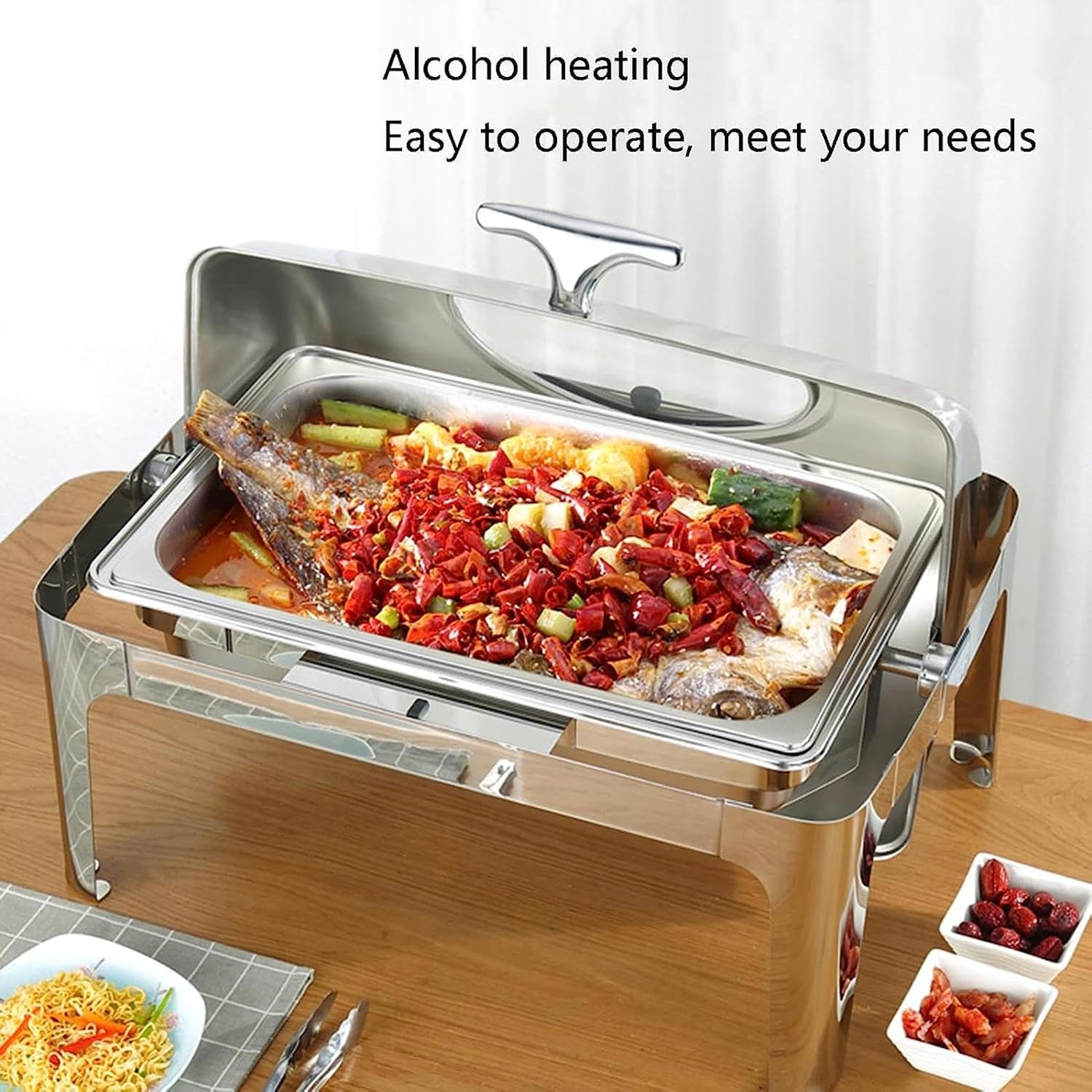 Buffet Server and Heater - Buffet Plate with Lid, Hotpot Buffet Setting, Food Heater for Party Buffet, Table Buffet Heater. Hostess Trolley Food Heater,Round Steel Cap-single-6L