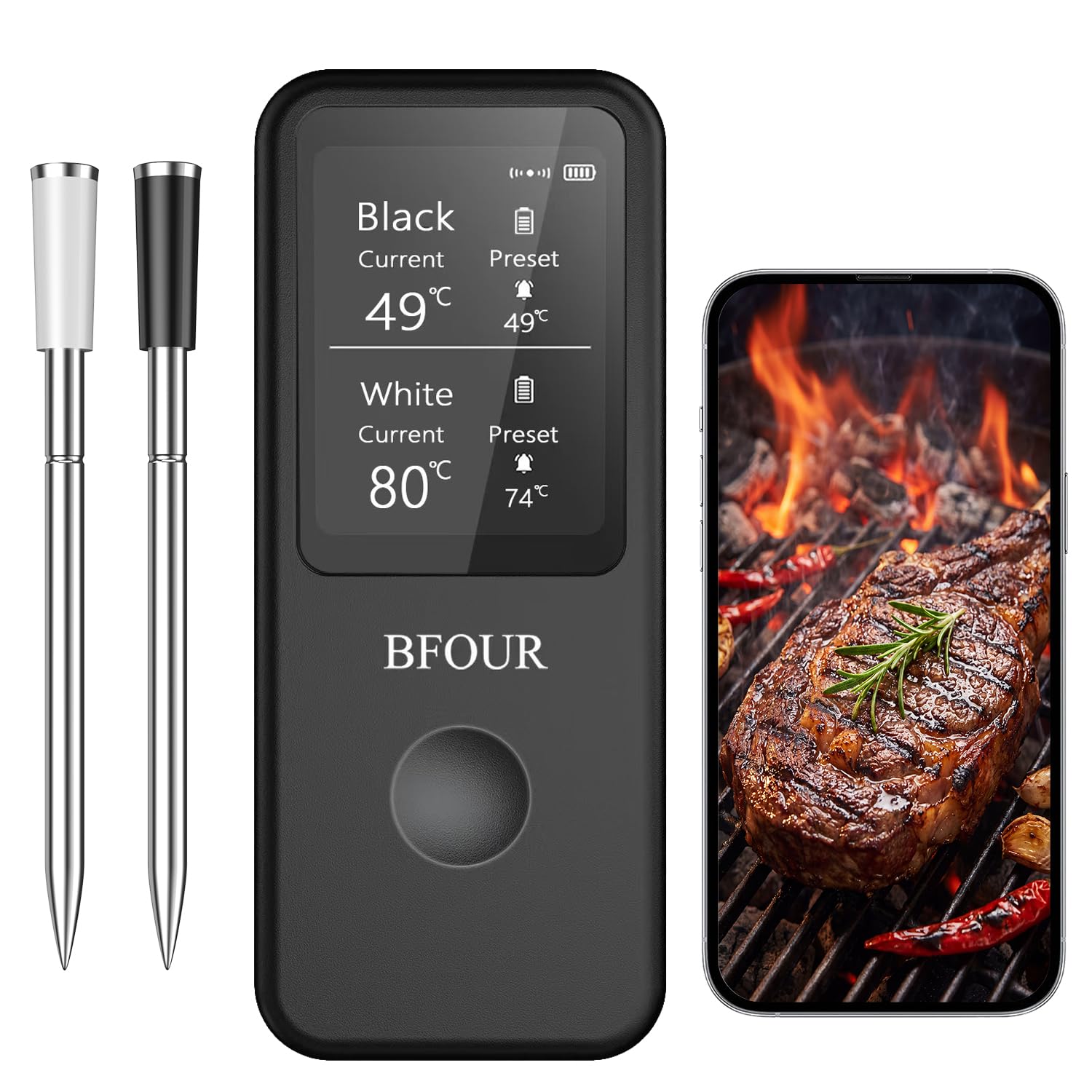 BFOUR Termómetro inalámbrico para carne con 2 sondas, termómetro de asado Bluetooth digital inalámbrico para asar, horno de barbacoa, control de aplicación, precisión ± 0,5 ℃, termómetro impermeable