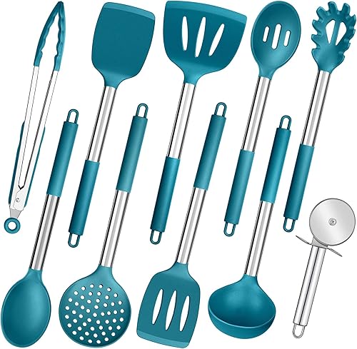 P&P CHEF - Juego de 10 utensilios de cocina de silicona resistente al calor con mango de acero inoxidable, incluye espátula, cuchara, pinzas,