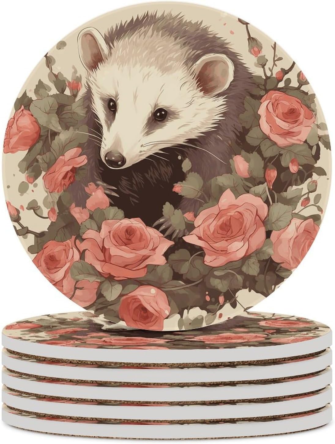 Opossum and Roses Coaster with Cork Base Drink Coasters for Coffee Table Decor Modern Cup Coasters with Non-Slip & Heat-Resistant Cute Ceramic Table Coaster for Home Dining