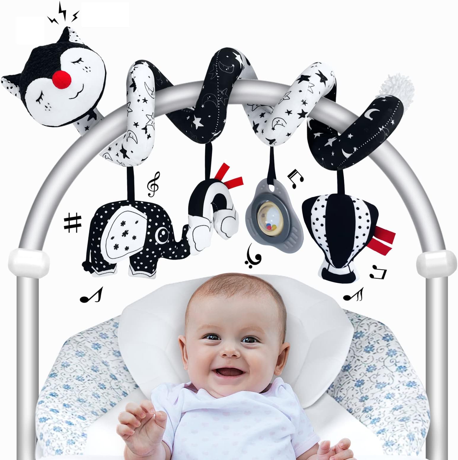 FATI Car Seat Toys for Babies 0-6 Months, Black and White High Contrast Baby Spiral Carseat Toy for Infant 0-3, 3-6 Newborn, Stroller Toys for 0 3 6 9 12 Months Baby Ideal Gift
