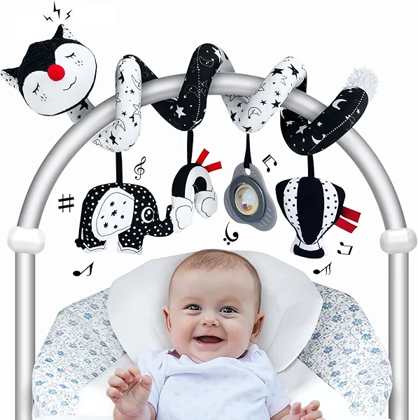Car Seat Toys for Babies 0-6 Months, High Contrast Black and White Spiral Stroller Toys for Infants, Ideal Gift