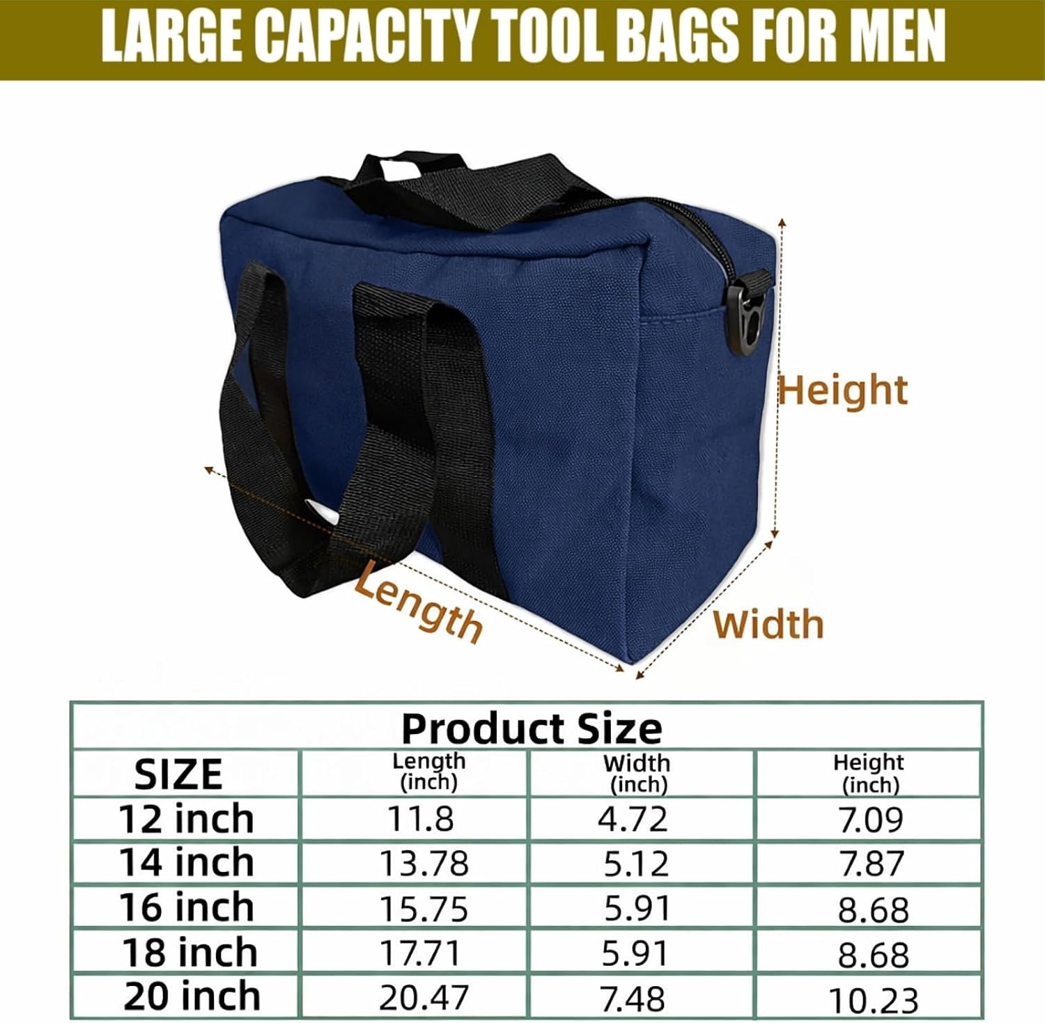 BLIRITEL Wide Mouth Tool Bag, Heavy Duty Canvas Tool Storage Bag, Large Capacity Handbag, Multi-function Tool Organizer Tote Bag for Storage Wrenches Pliers (Navy Blue, 16 Inch) image 2