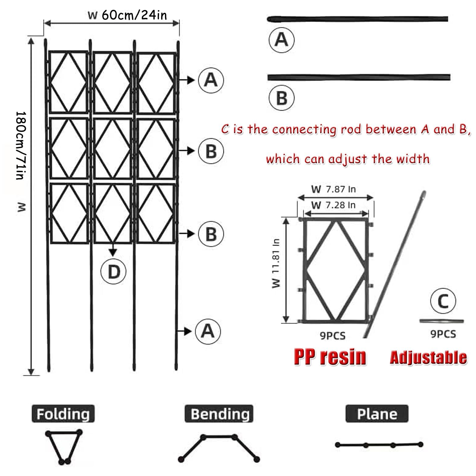 Rose Rankgitter Metall 3er Set,PP Resin Plastic Faltbares Design Hoch 220cm Rankhilfe Pergola für Rasen/Hinterhof/Terrasse Kletterrosenpflanzen Garten Decoration,Black-220 * 60cm(87 * 24in)