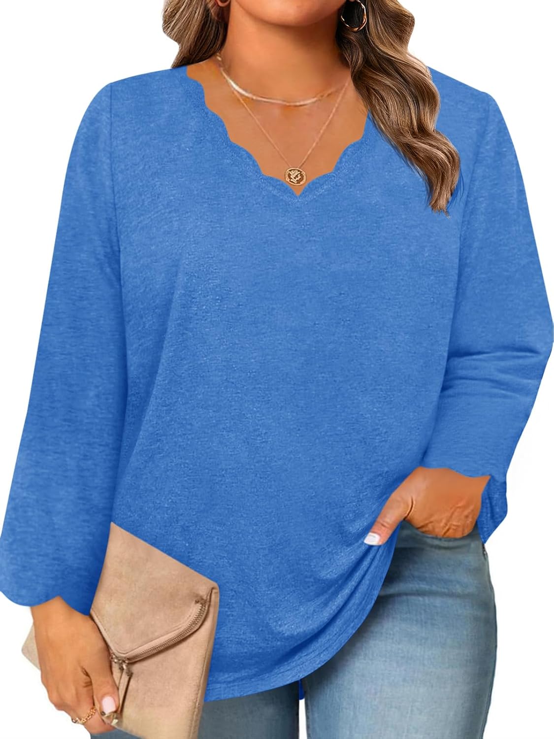 Beautife Womens Plus Size Long Sleeve T-Shirts Trendy Casual Scallop Trim V Neck Tunic Tops Curvy Loose Fit Fall Blouse Tees