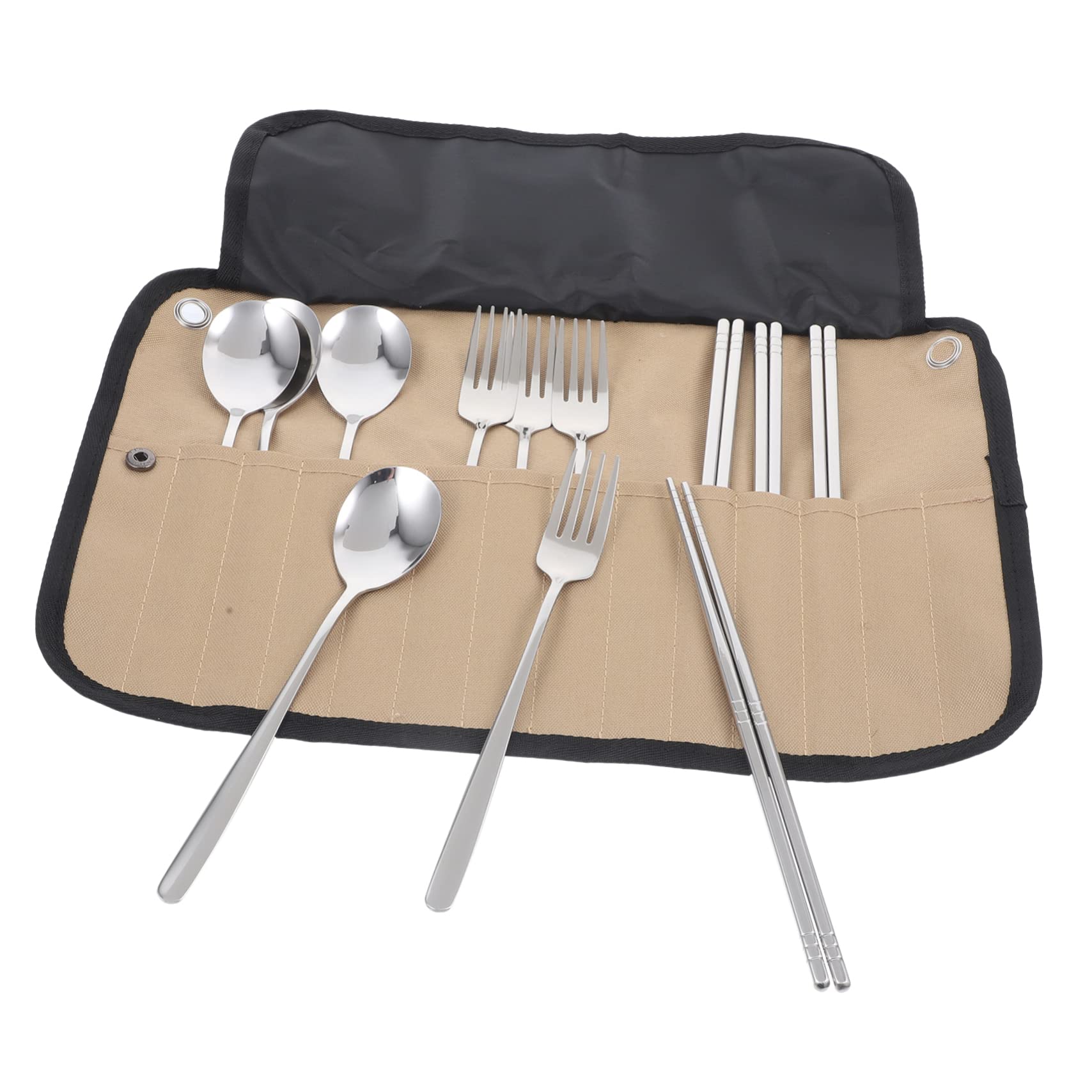 Set di Posate da Campeggio Portabile Coltello, Forchetta, Cucchiaio in Inossidabile, Borsa in Nailon per Picnic, Escursioni e Barbecue