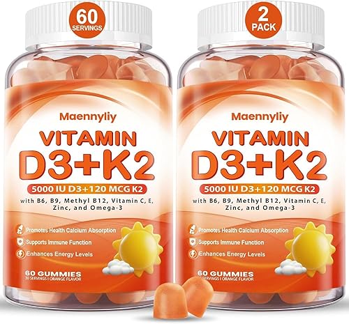 Gomitas de vitamina D3 K2 para adultos – Vitamina D3 5000IU + K2 (MK-7) 120mcg – Suplementos D3 y K2 sin azúcar con omega-3, metilo B12, B9, B6
