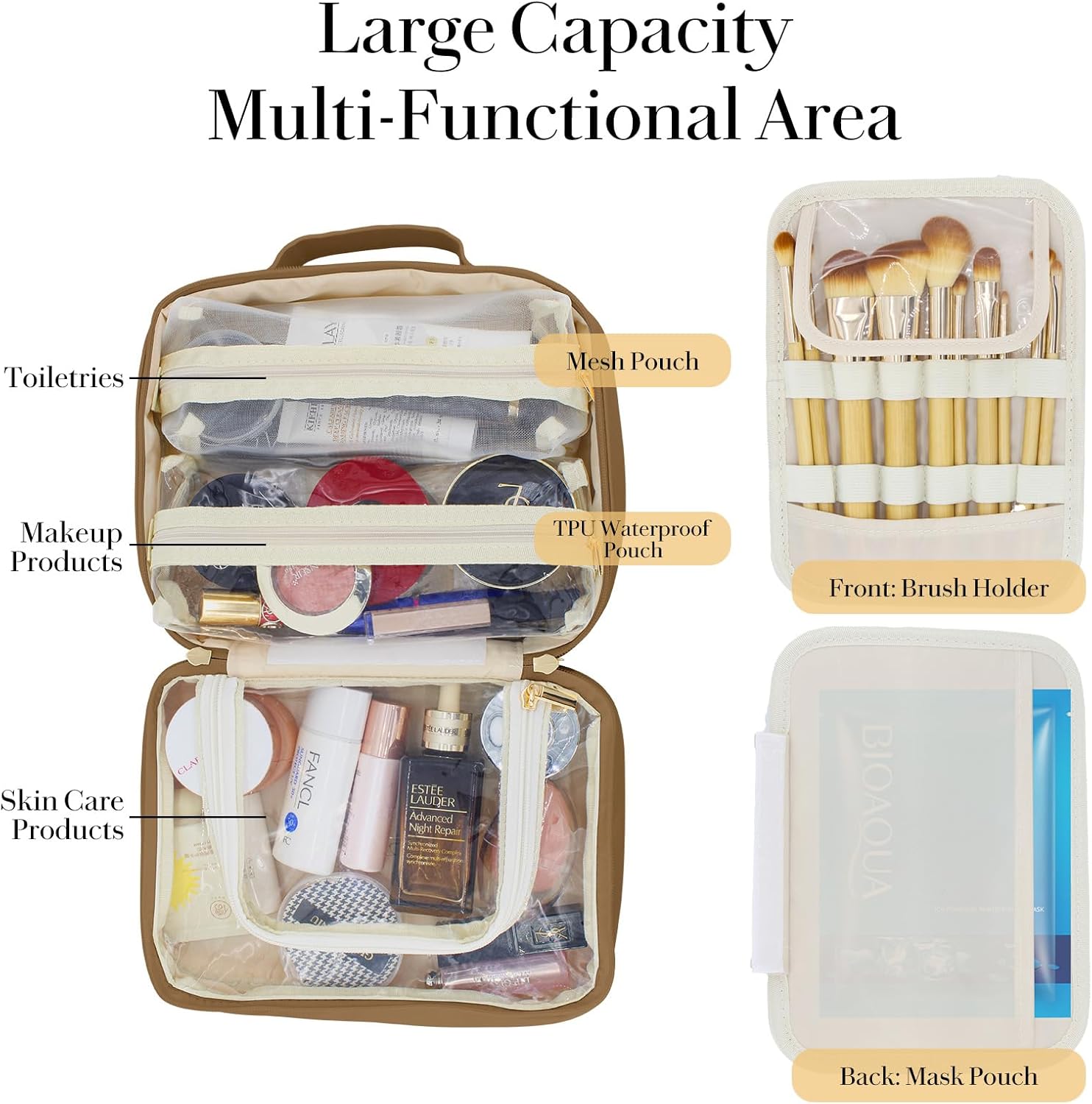 Travel Makeup Bag Large Capacity Cosmetic Organizer Waterproof Leather Toiletry Bag with Brush Holder and Handle Portable Cosmetic Storage Bag for Women Girls Gift - Brown - Image 2