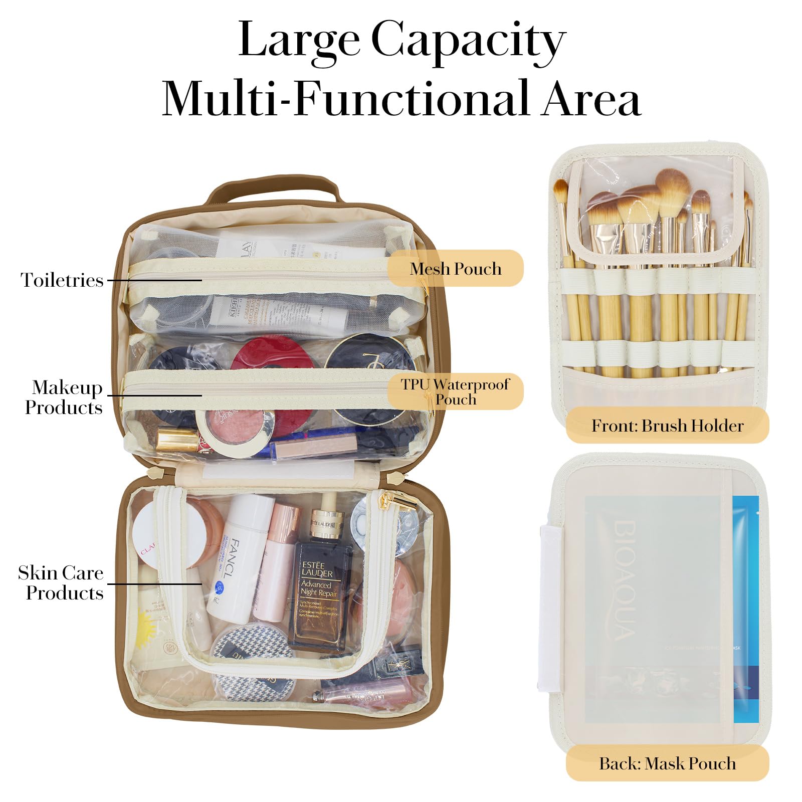 MENRU Travel Makeup Bag Large Capacity Cosmetic Organizer Waterproof Leather Toiletry Bag with Brush Holder and Handle Portable Cosmetic Storage Bag for Women Girls Gift Brown - Image 2