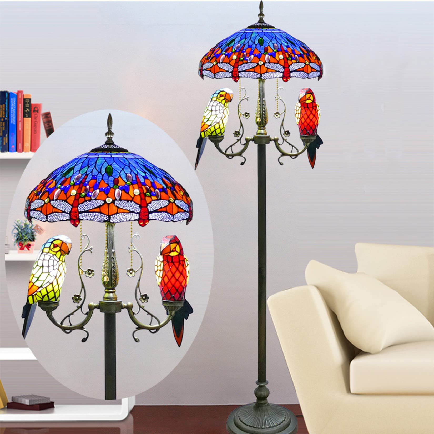 IUokLU Tiffany Style Dragonfly Floor Lamps with 2 Parrots, 18-Inch Mediterranean Stained Glass Standing Lamp European Vintage Reading Floor Lamps for Bedroom Living Room Study,Blue (Blue)