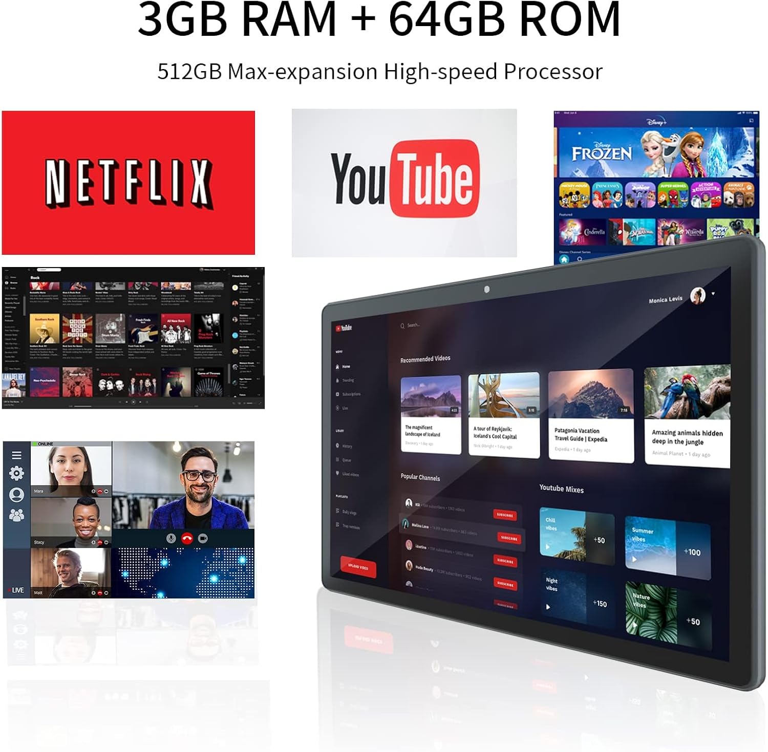 Android 11 Tablet 10inch Phablet, Large Storage 64GB Tablets Dual Stereo Speakers 512GB Expand, Octa-core Processor 3GB RAM 6000mAh Big Battery 10.1'' IPS HD Screen Google Tableta Tab(Black)