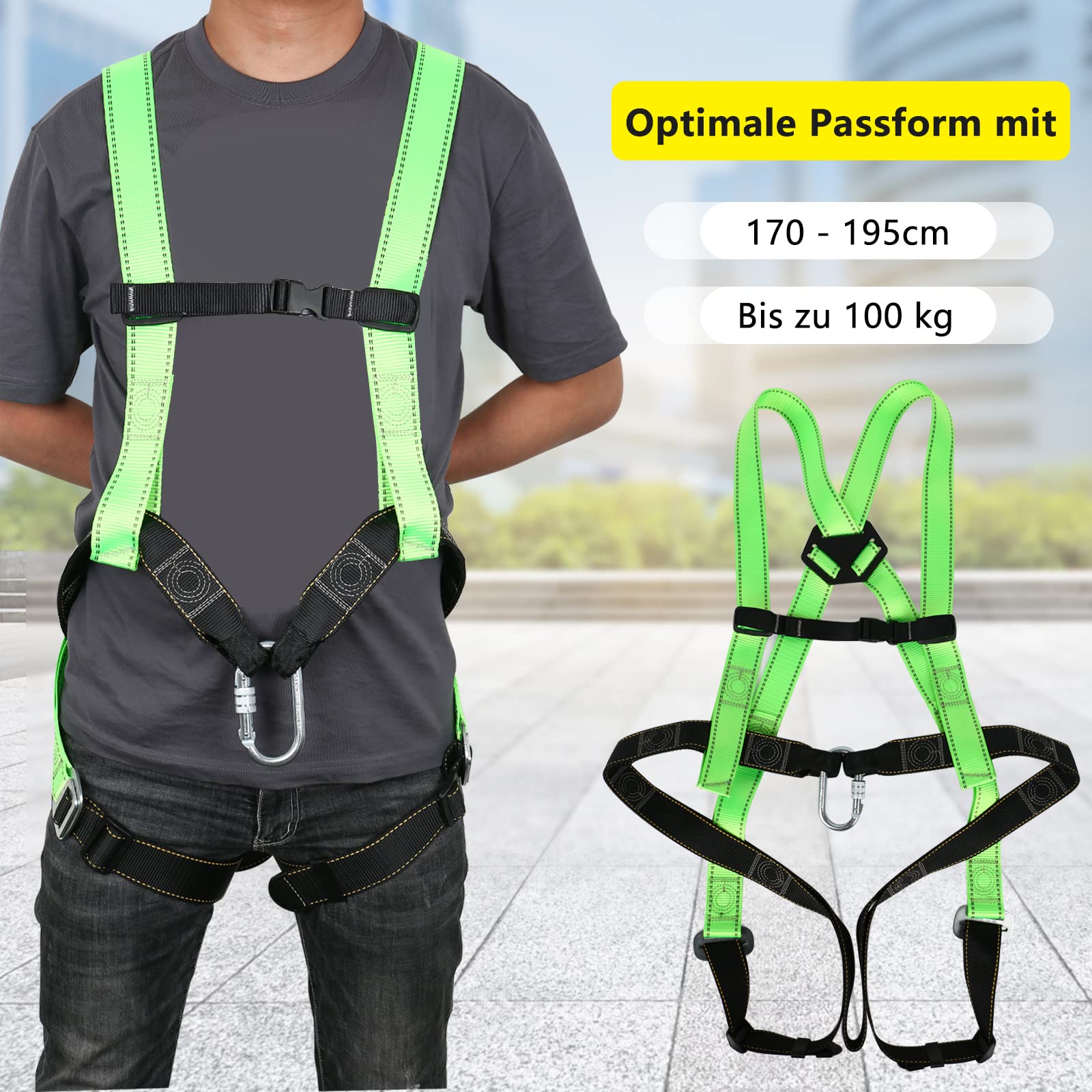 Fallschutz Auffanggurt,Sicherheitsgurt mit Karabiner Absturzsicherungsgerät für Arbeiten in der Höhe -EN 353/361 - bis 100 kg