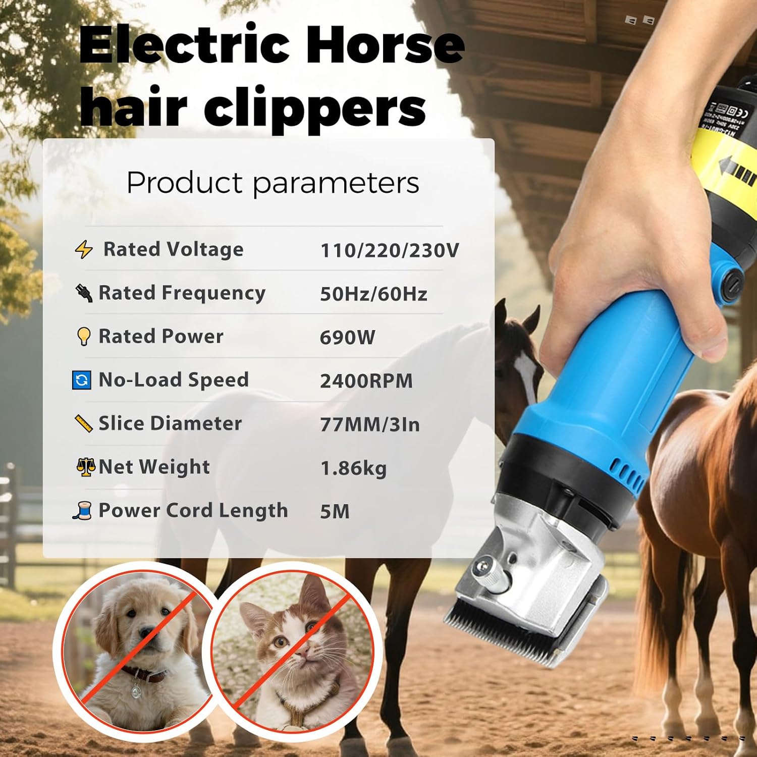 Horse Clippers 690W 6 speeds 5M Power Cord Horse Trimmers for Horse camel's Tangled Hair Blue