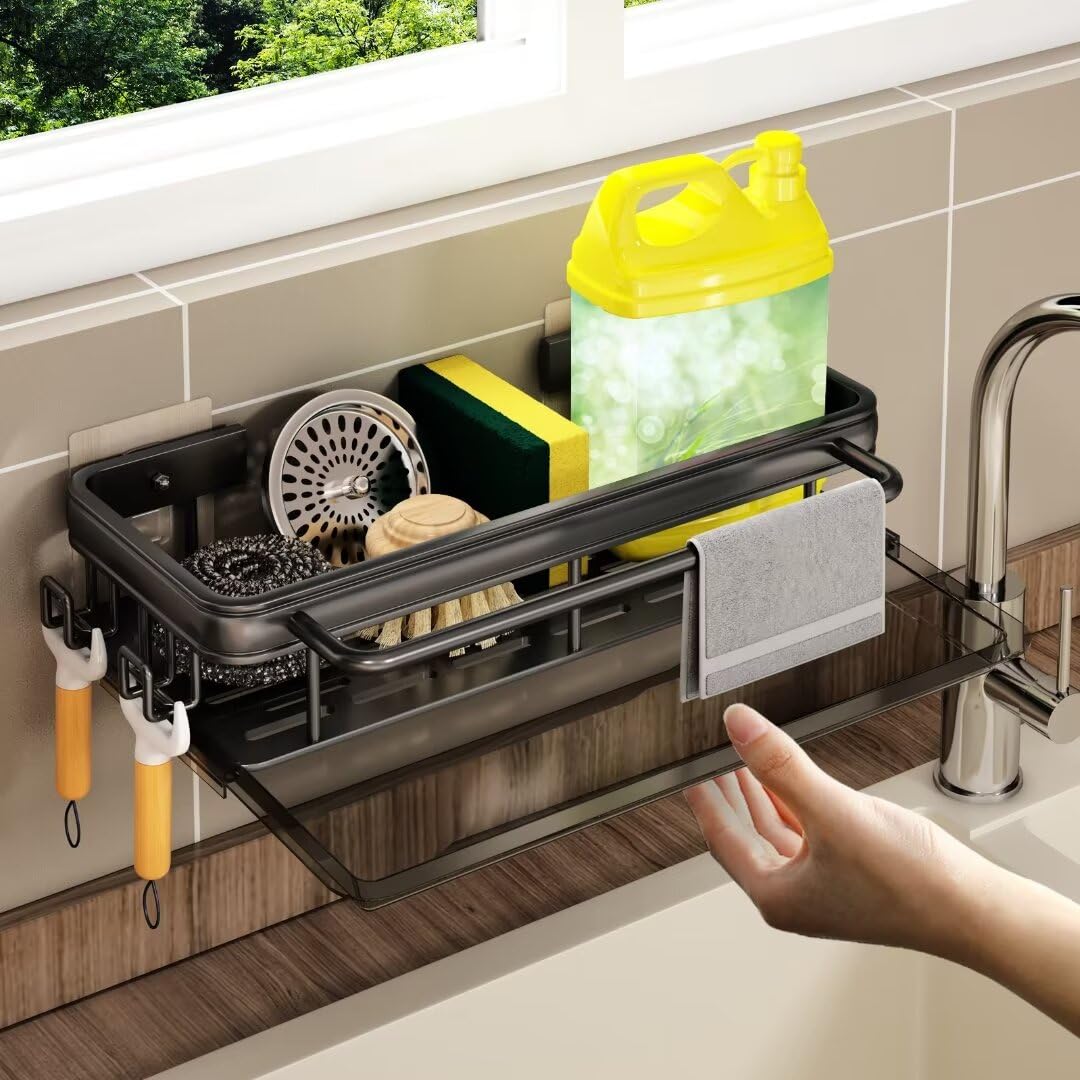 Organizer Da Cucina In Acciaio Inox 304 Per Lavello, Porta Spugna Con Vassoio Antigoccia E Scarico, 21x9x9 Cm, Argento