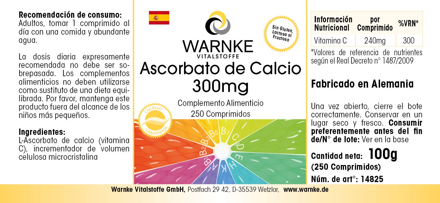 Ascorbate de Calcium 300mg - Vitamine C - 250 comprimés - Végétarien - Douce à l'estomac | Warnke Vitalstoffe - Qualité des pharmacies allemandes