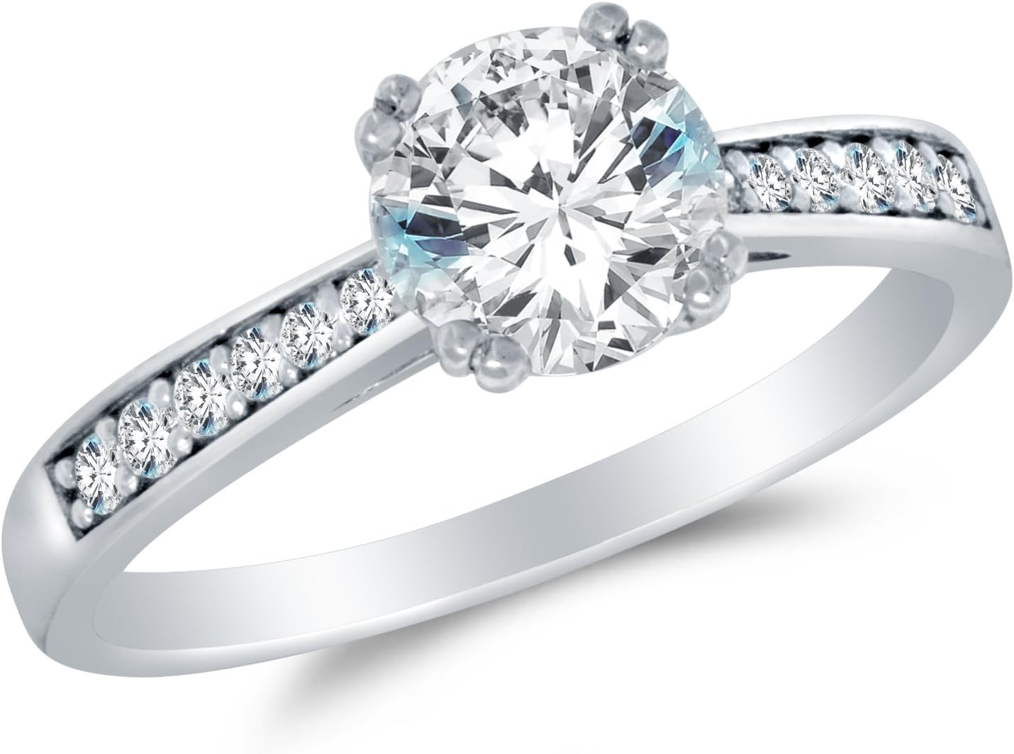 Solid 14k White Gold CZ Cubic Zirconia Engagement Ring - Round Brilliant Cut Solitaire with Round Side Stones (1.5cttw., 1.0ct. Center)