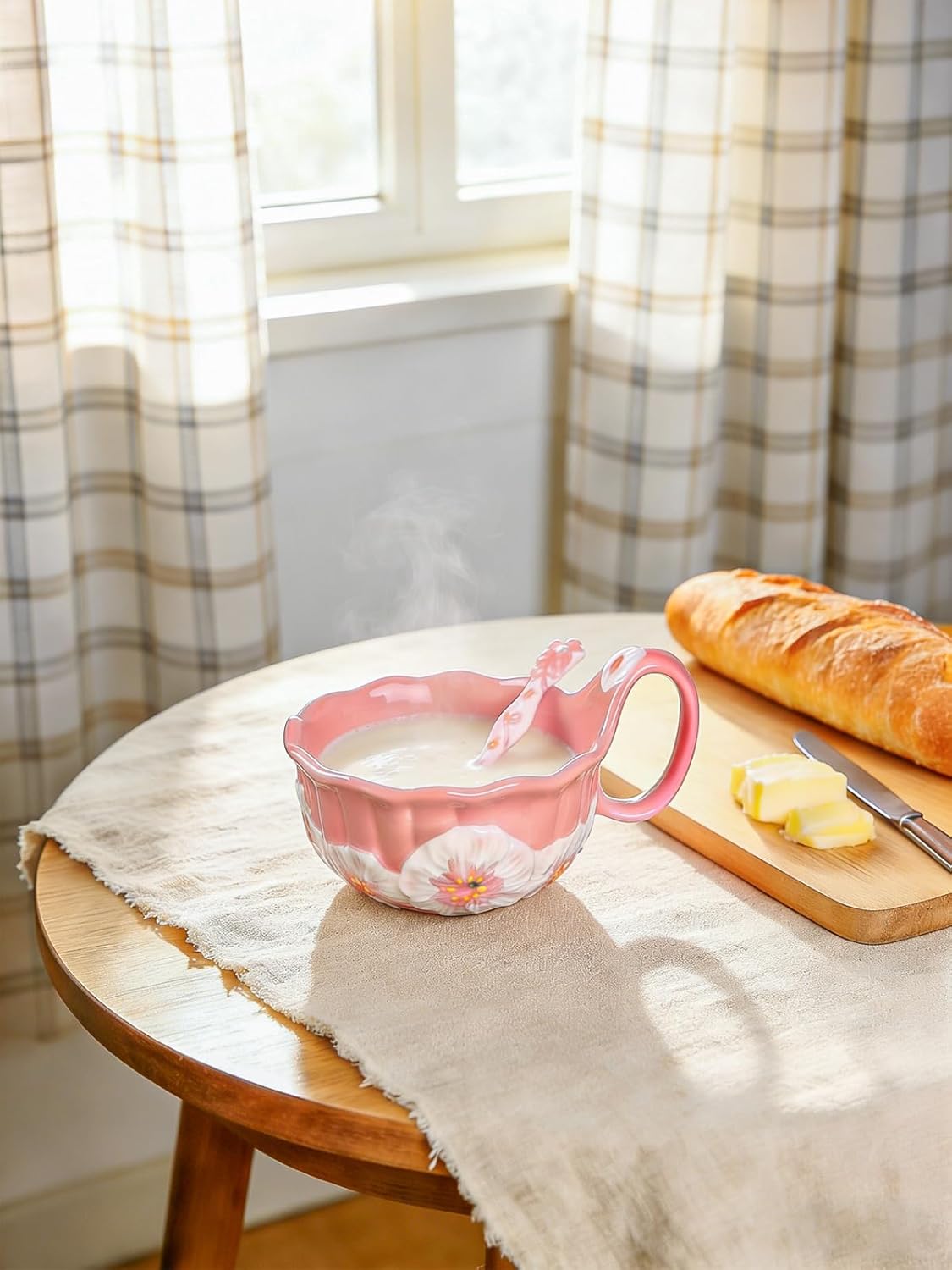 silesia Handmade Ceramic Soup Bowl with Spoon, 30 Oz Hand Painted Bowl with Loop Handle, Floral Design Cereal Bowls for Soup, Ice cream, Snack, Microwave & Dishwasher Safe (Pink)
