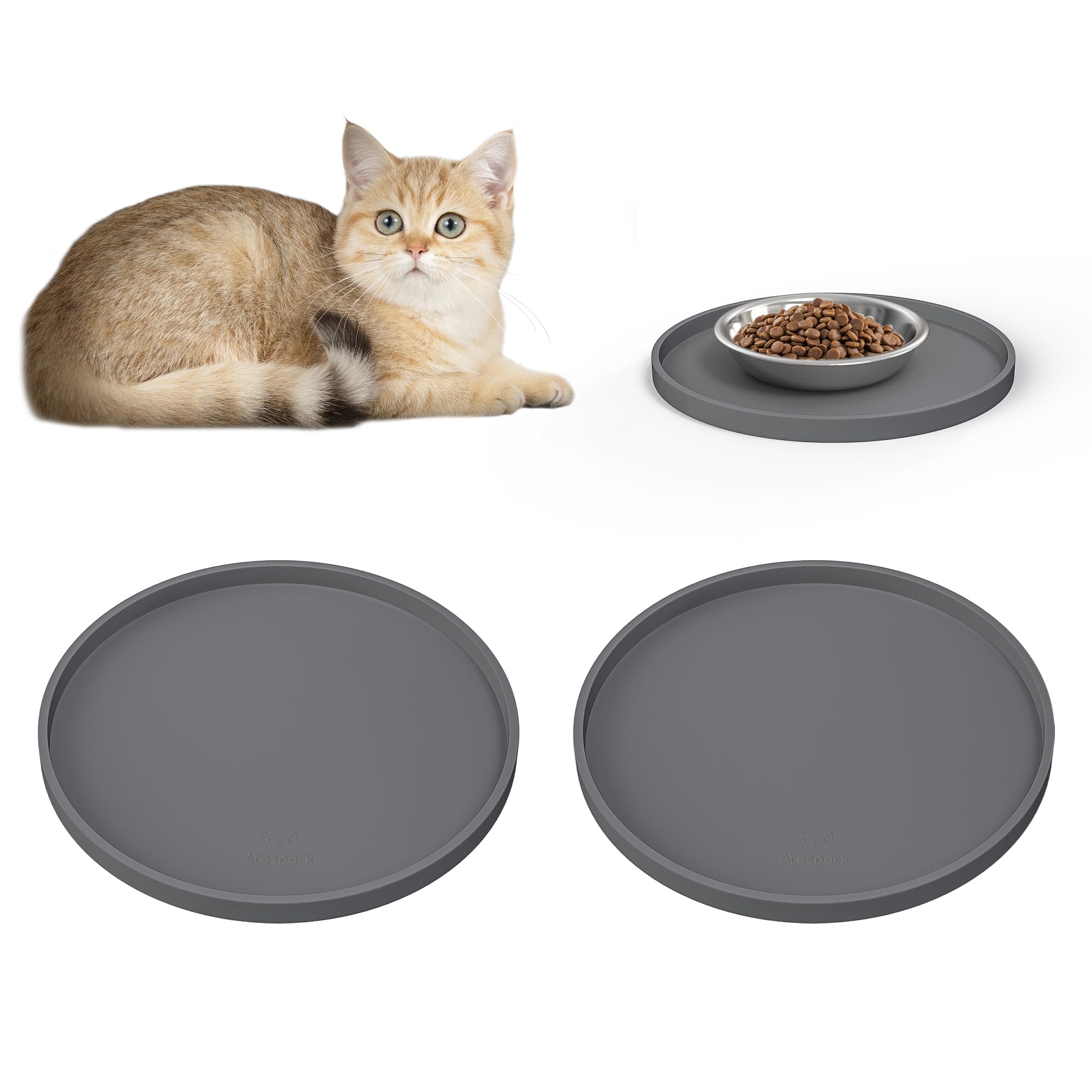 Arespark Pet Silicone Food Mat 2PCS, Nonslip Waterproof Feeding Bowl Mat with Raised Edges for Food and Water Prevent Spills, Round Eating Tray for Dog Cat Puppy Kitten, 8'' x 8''