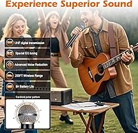 Vista 2 de Sistema de micrófono inalámbrico, micrófonos de mano UHF duales, alcance de 200 pies de largo, Plug & Play, micrófono inalámbrico para cantar