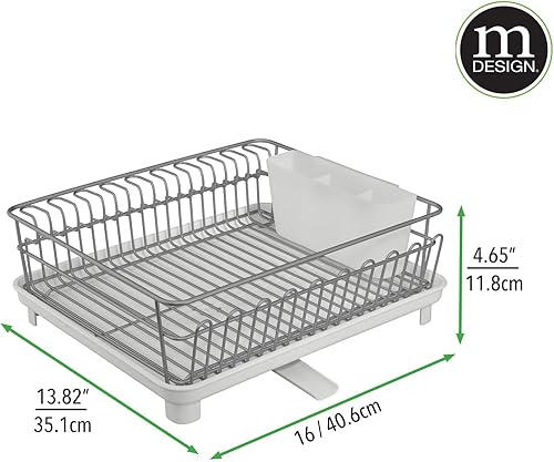 Miniatura 7 de mDesign Soporte de acero aleado para secar platos con bandeja giratoria de plástico para escurridor de platos, organizador de almacenamiento para