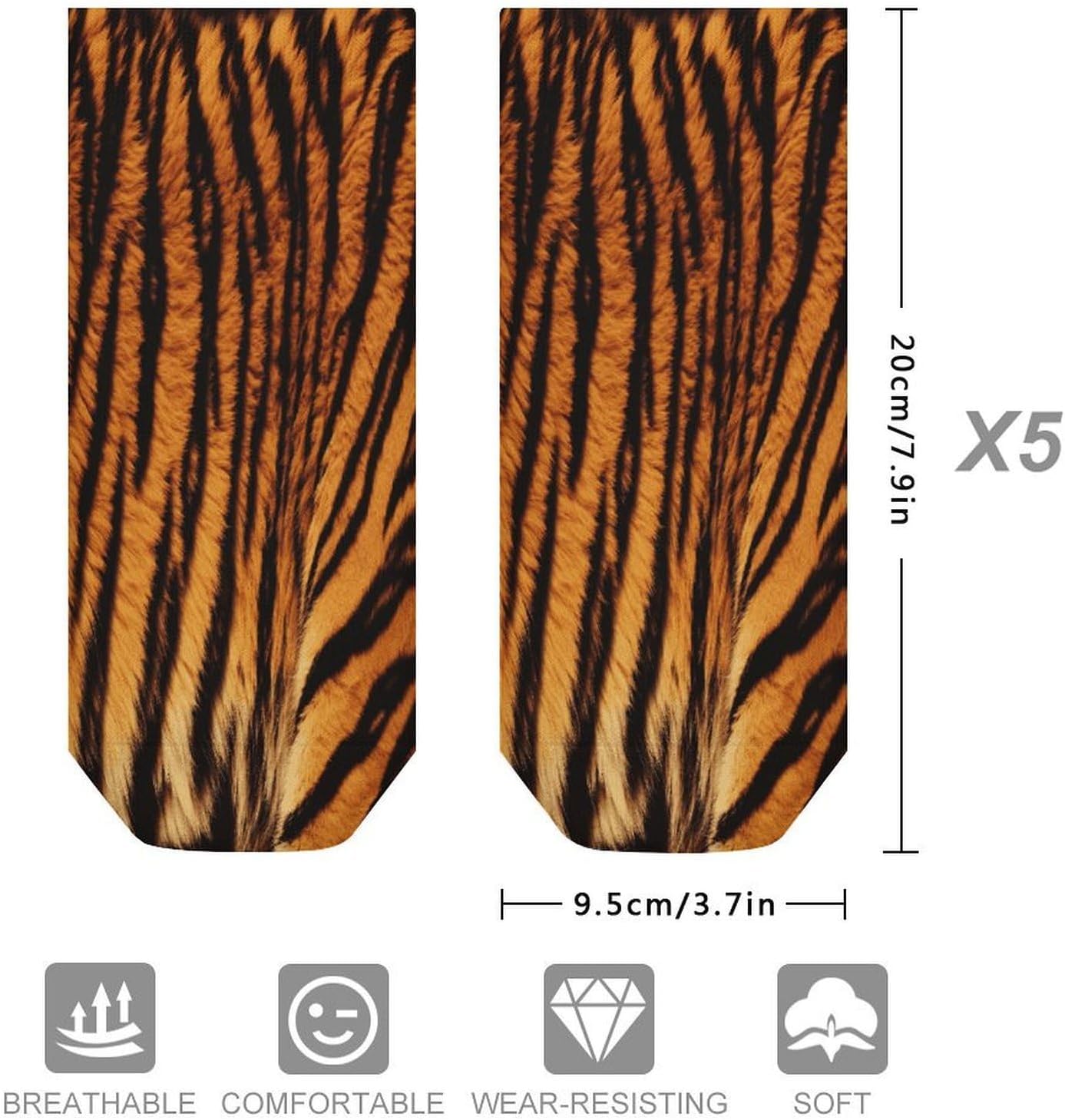 Tiger Striped Pattern Ankle Socks for Men Women 5 Pairs | Comfortable Casual Low Cut Socks, Lightweight No Show Breathable Athletic Socks, Soft Mini Crew Socks for All Seasons