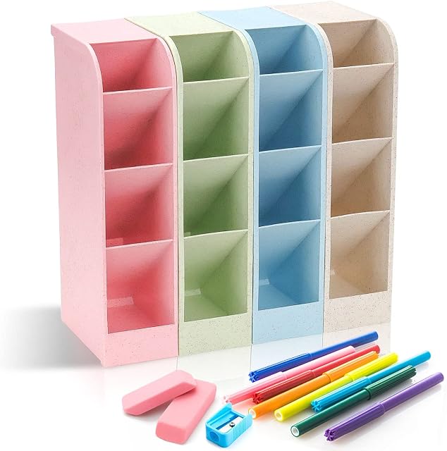 Lucywey 4 pcs Pen Storage Holder for Office,School,Home Supplies,Pen Organizer Storage-4 Color(16 Compartments)