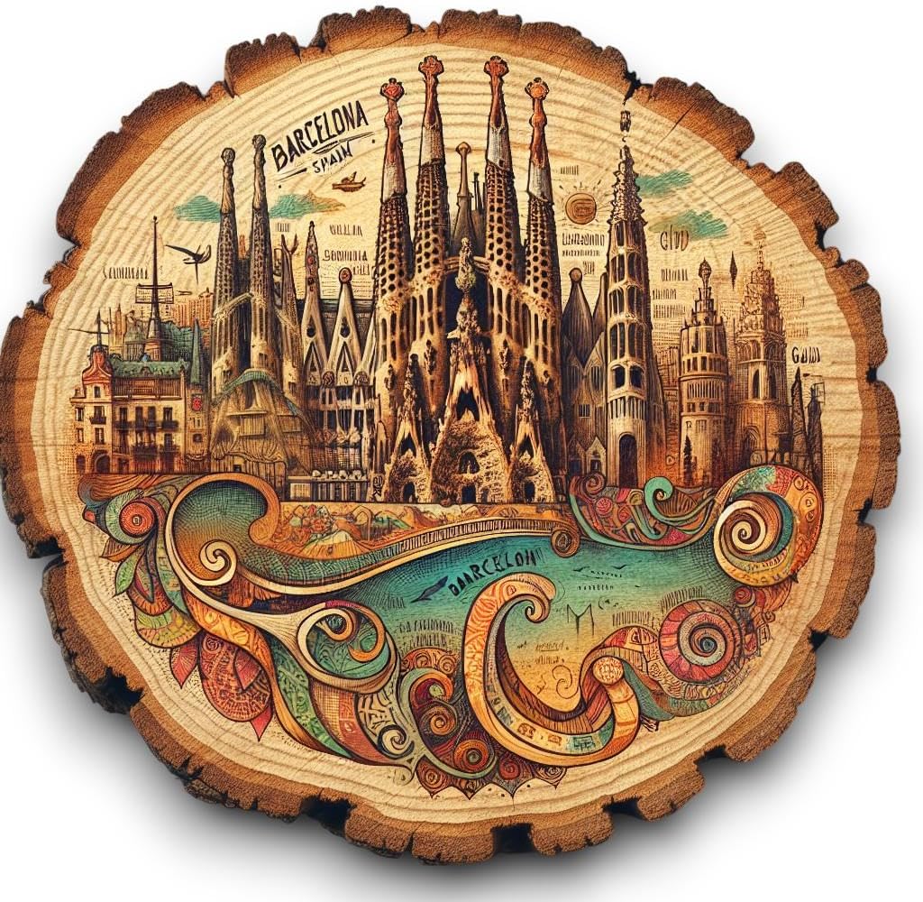 Barcelona Spain Souvenir Gift – Wood Slice Plaque for Wall or Table, Vintage Spanish Souvenir for Plate Collectors & Travel Lovers, Rustic Decorative Gift