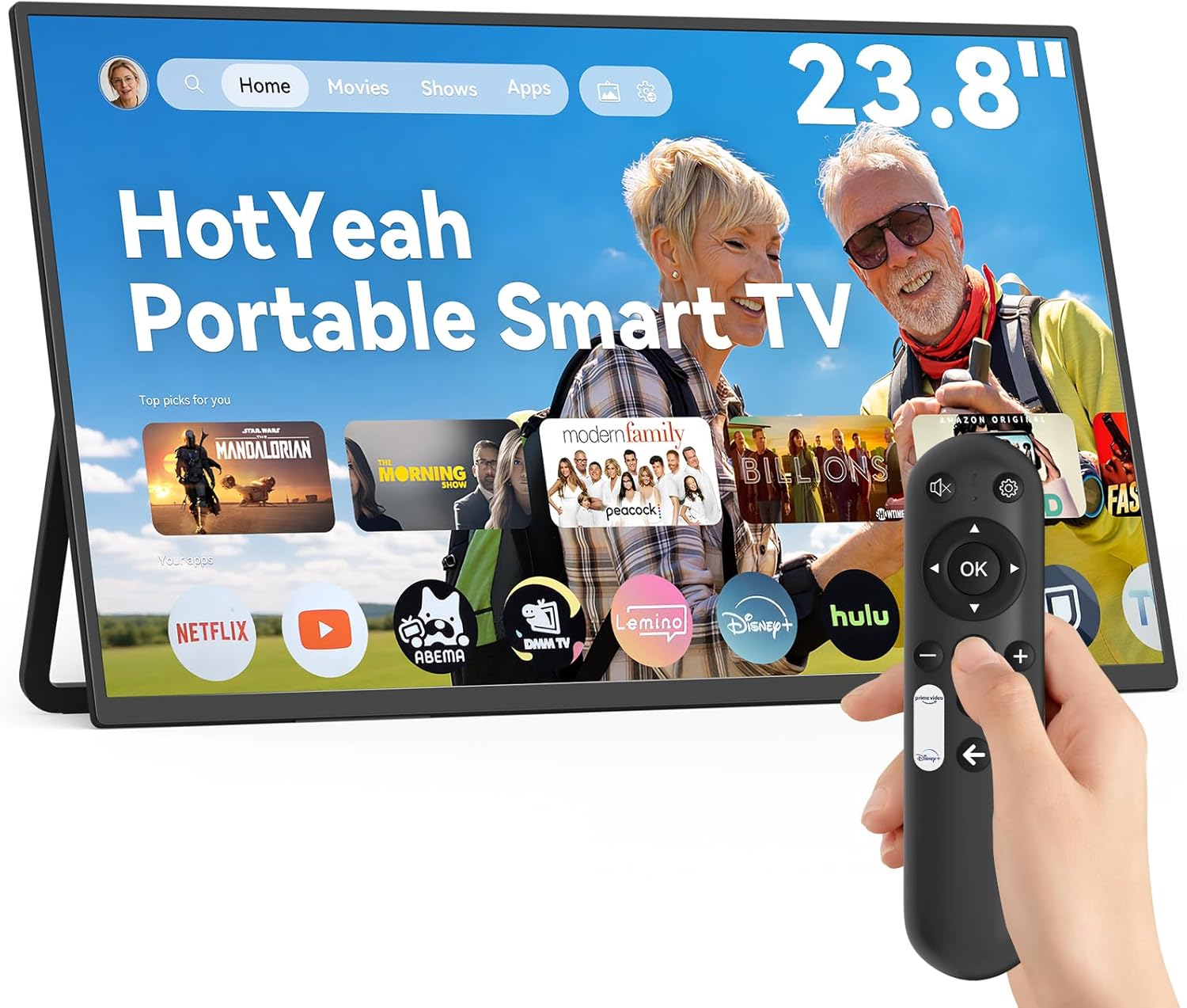 HotYeah Portable Smart TV, EDLA-Certified, 23.8″ 1080P 2-in-1 Rolling TV & Monitor, w/Built-in 10000mAh Battery, Support Voice Control, USB-C & HDMI, 180° Adjustable Kickstand