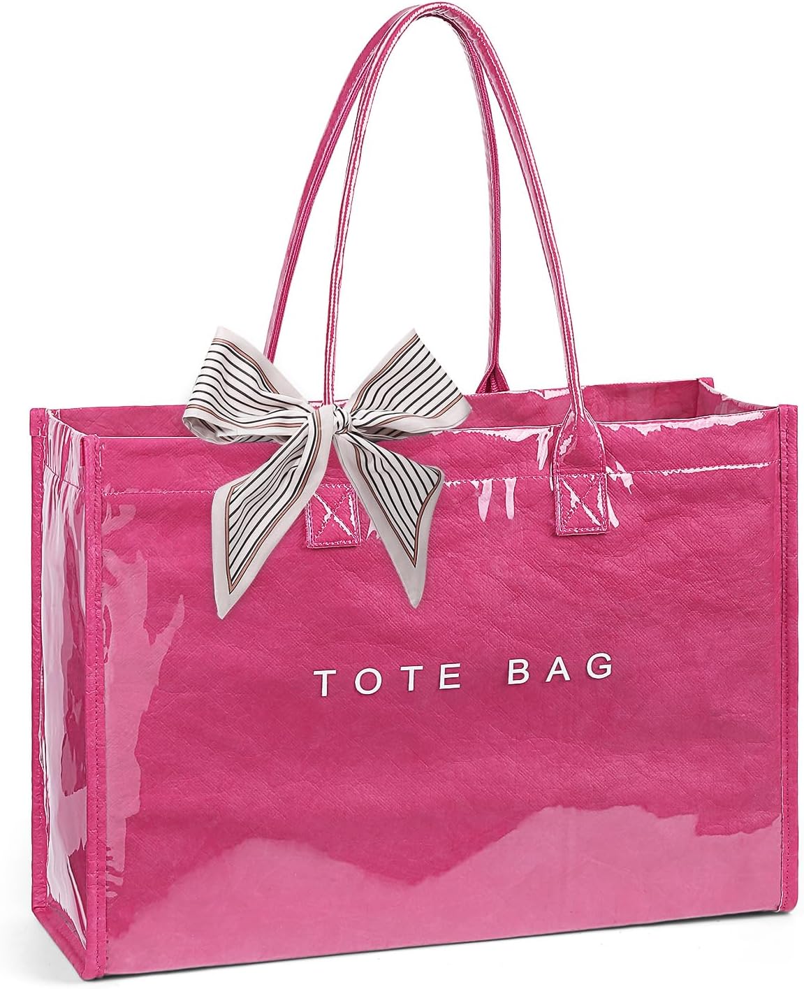 Lushandy PVC Tote Bag for Women, Large Plastic Tote Purse Work Kraft Paper Letter Print Shoulder Bag Carry All Hobo Handbag