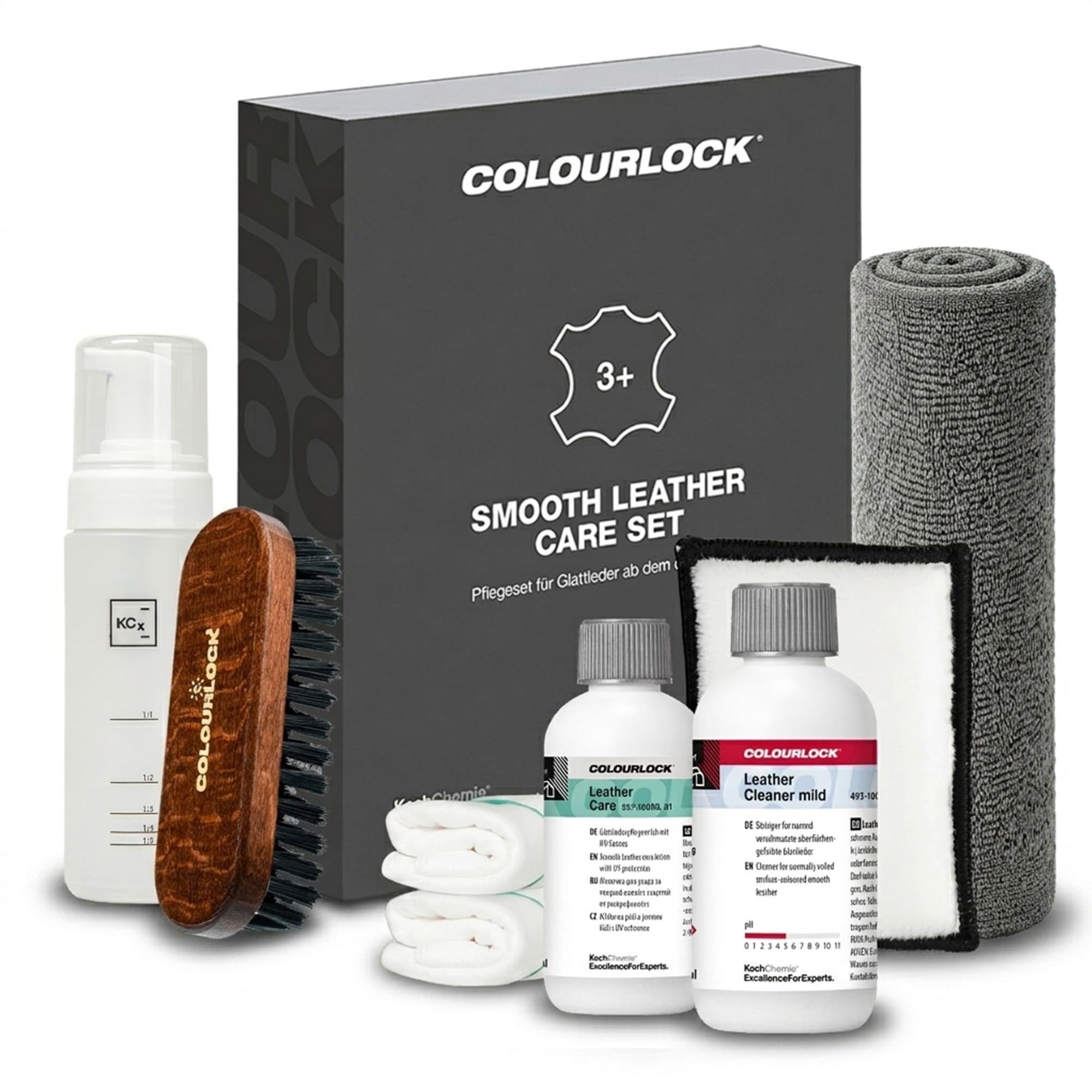 COLOURLOCK Set per la cura della pelle liscia | Set per la cura della pelle adatto per divano auto UVM. | Detergente delicato + protezione pelle + spazzola per la pulizia + spugna per la pulizia +