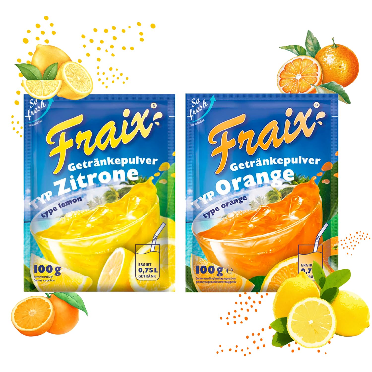 FRAIX Getränkpulver Orange + Zitrone (50er KOMBIPACK) (je 25 x 100g) fruchtig & erfrischend - mit Vitamin C