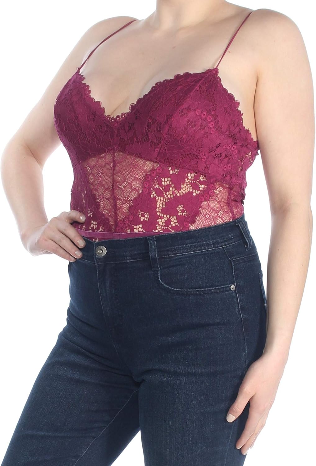 Guess Women's Sleeveless Treon Lace Bodysuit, Plum Wine, XL