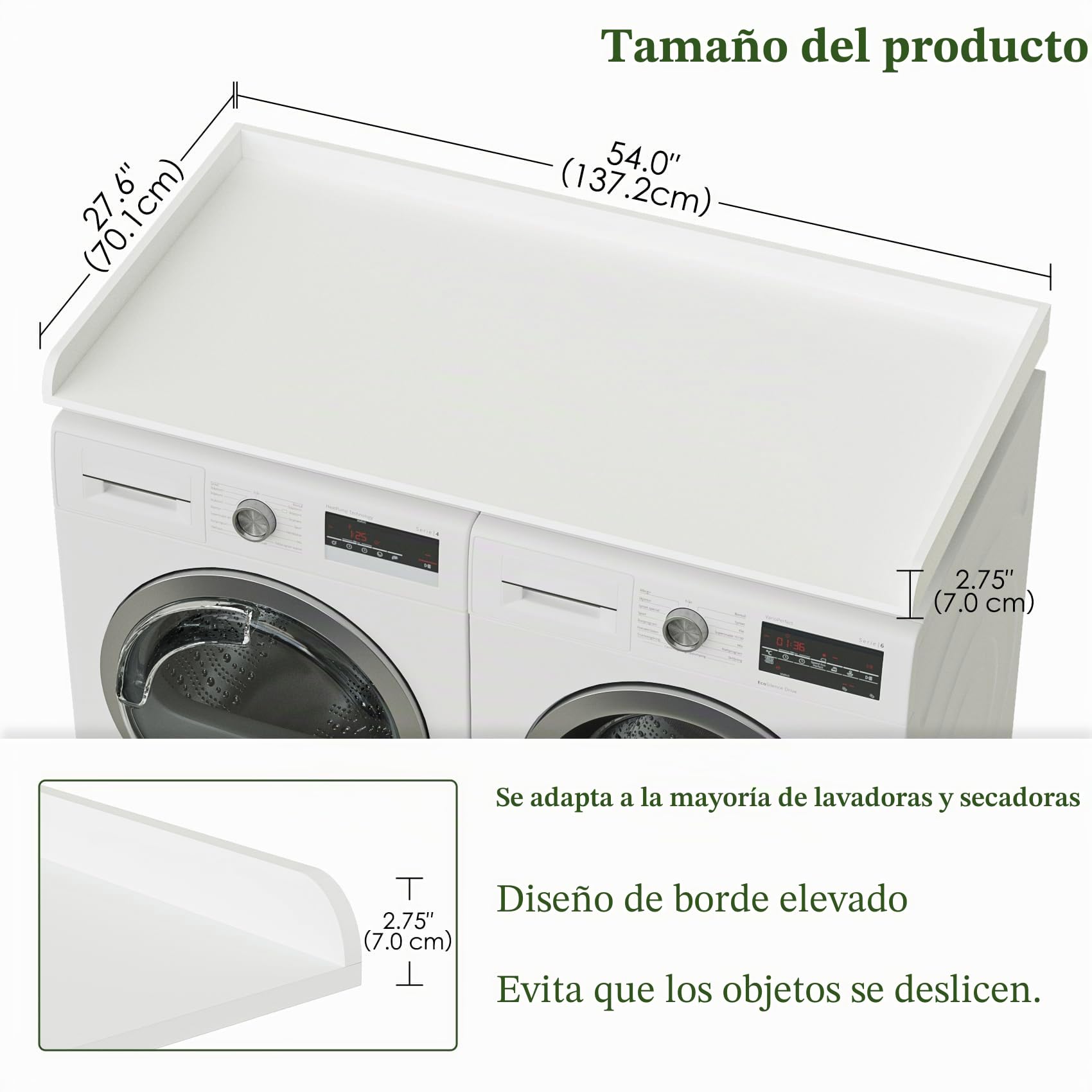 Encimera de Lavadora y Secadora, 137 x 70 cm, Lavandería Encimera de Madera para Lavadora y Secadora con Almohadillas Antideslizantes, Blanco