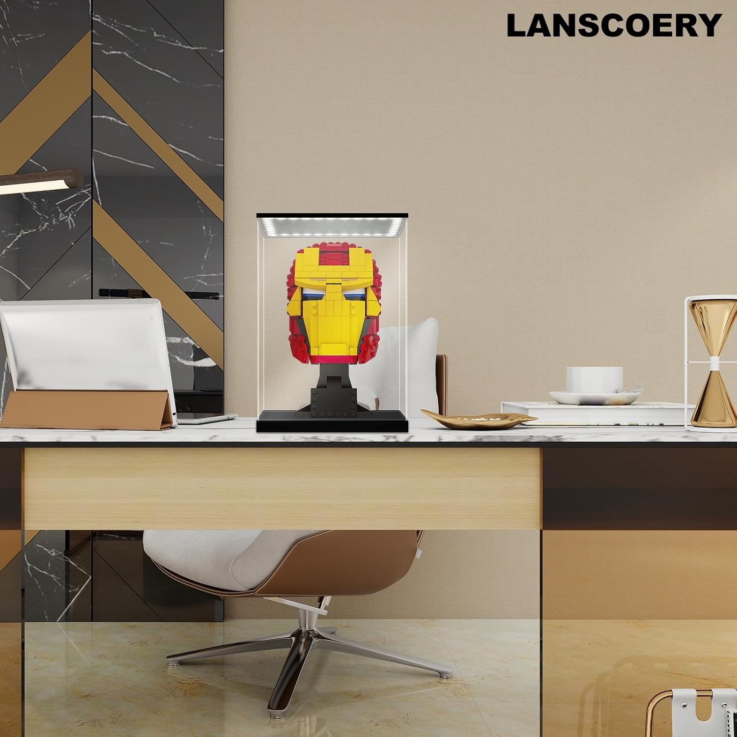 LANSCOERY Acrylic Display Case with Adjustable Yellow/White/Warm LED Light, UV Protection Clear Display Box, Dustproof Showcase for Action Figures, Models, Collectibles - 7.9x7.9x9.8inch