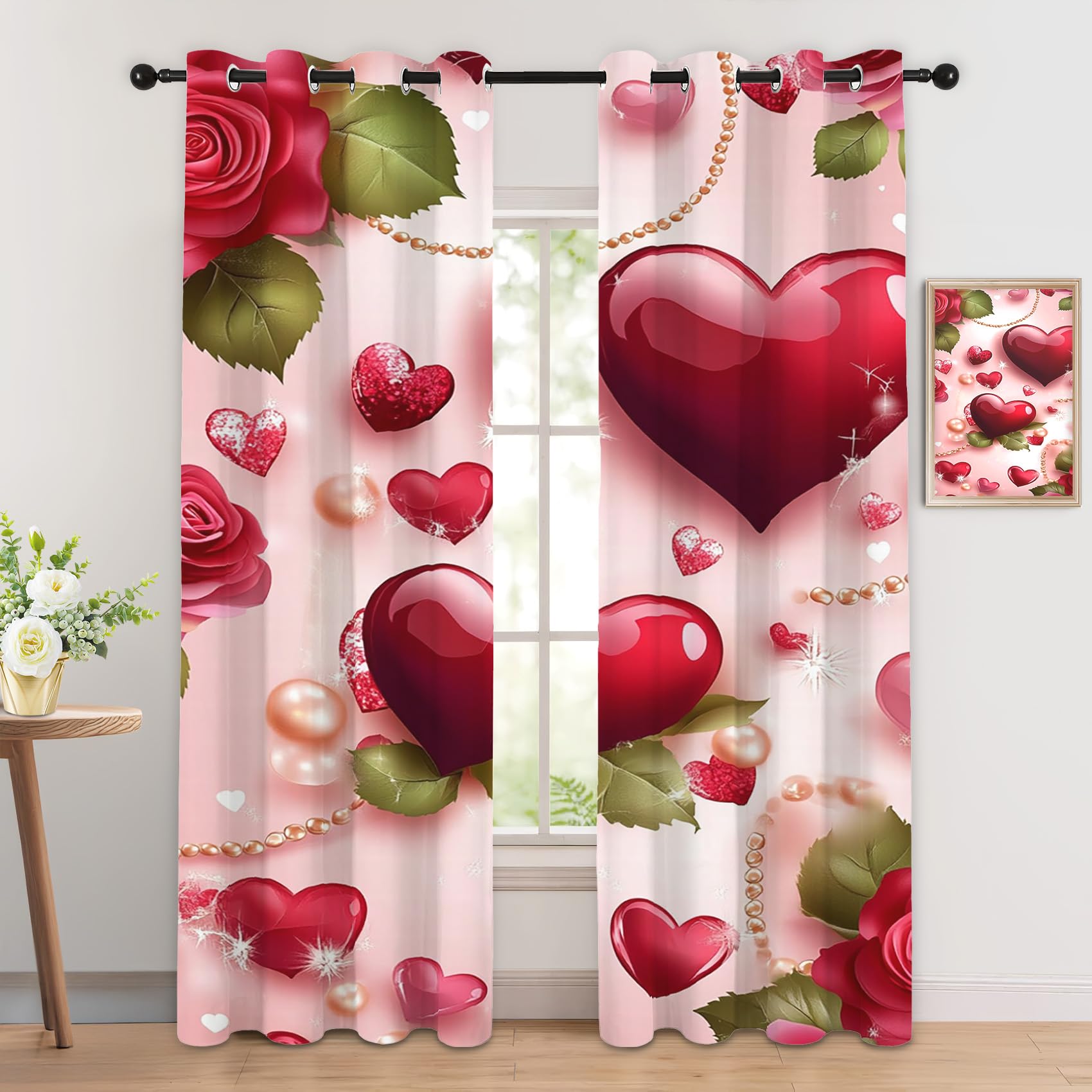 Luxfieo Red Heart Blackout Curtains for Living Room Bedroom - 90 Inch Drop Curtains 54x90, Girls Romantic Red Roses Love Patterned Window Treatments, Thermal Eyelet Drapes 2 Panels