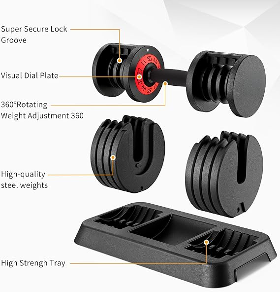 SKOK 25/55 lbs Pair Adjustable Dumbbells Set, Adjustable Weights Dumbbells Set for Men and Women with Anti-Slip Fast Adjust Weight by Turning Handle Dumbbell with Tray