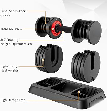 SKOK 25/55 lbs Pair Adjustable Dumbbells Set, Adjustable Weights Dumbbells Set for Men and Women with Anti-Slip Fast Adjust Weight by Turning Handle Dumbbell with Tray