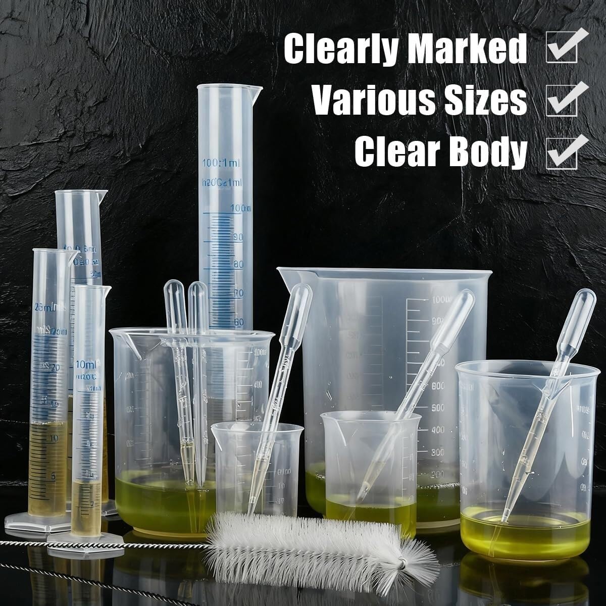 Set de Cilindros de Medida 15 Piezas, Cilindros Graduados de Plástico y Vasos con Pipetas y Cepillo para Laboratorio y Cocina