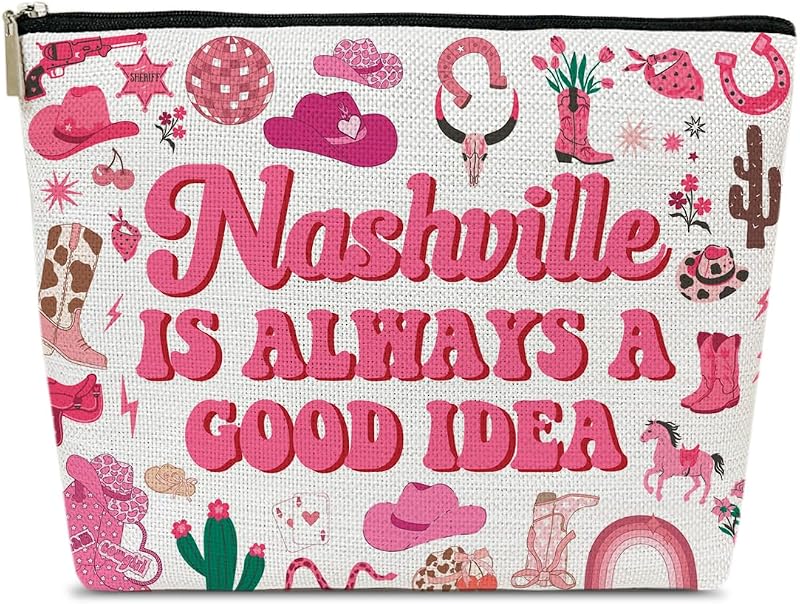 Necessaire de maquiagem Ythuil Nashville com zíper, estampa de letras