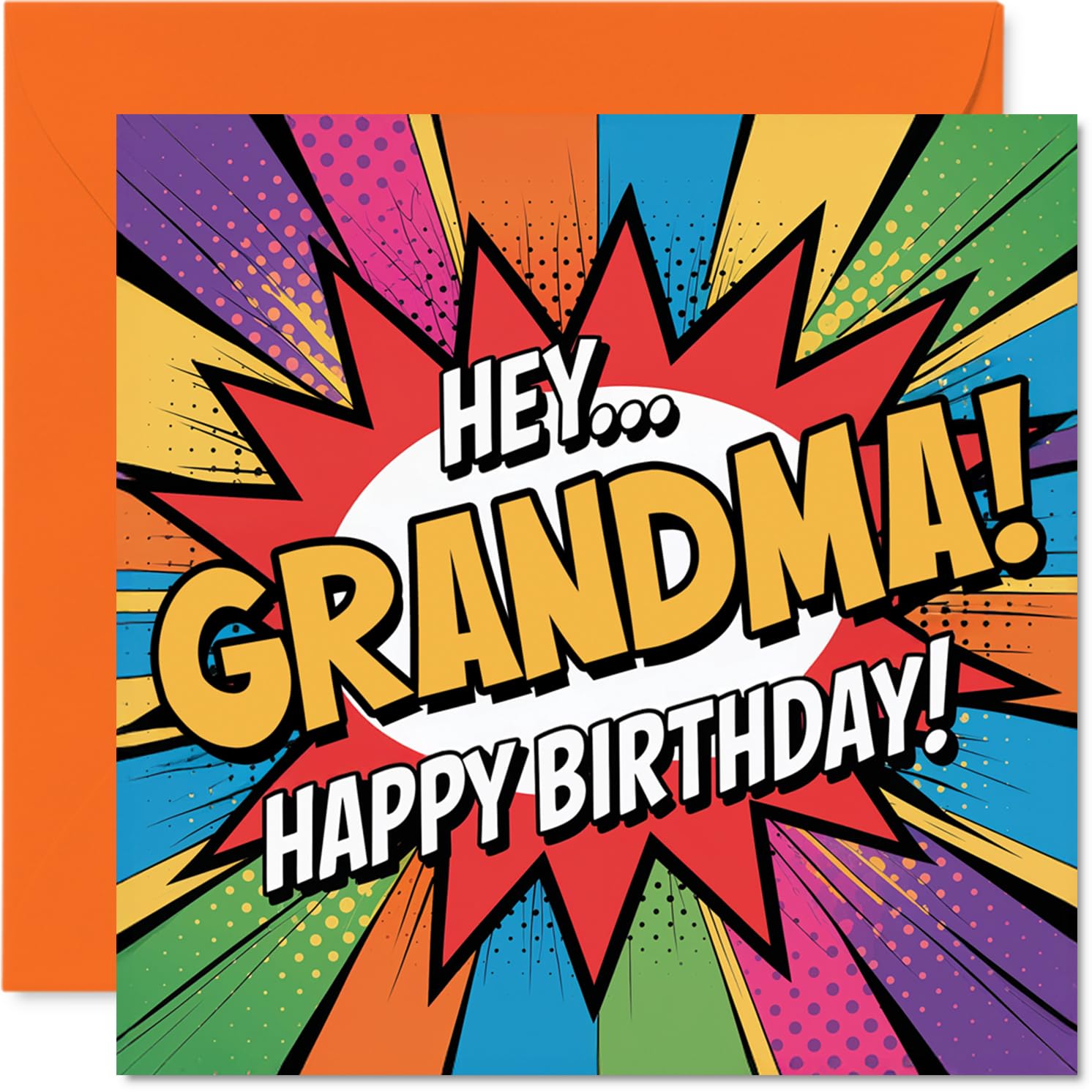 Playful Birthday Card for Grandma - Bursting with Comic Book Energy - Vibrant Multicolour Design and Bold 'HEY... GRANDMA! HAPPY BIRTHDAY!' Text - 145mm Square, Envelope Included