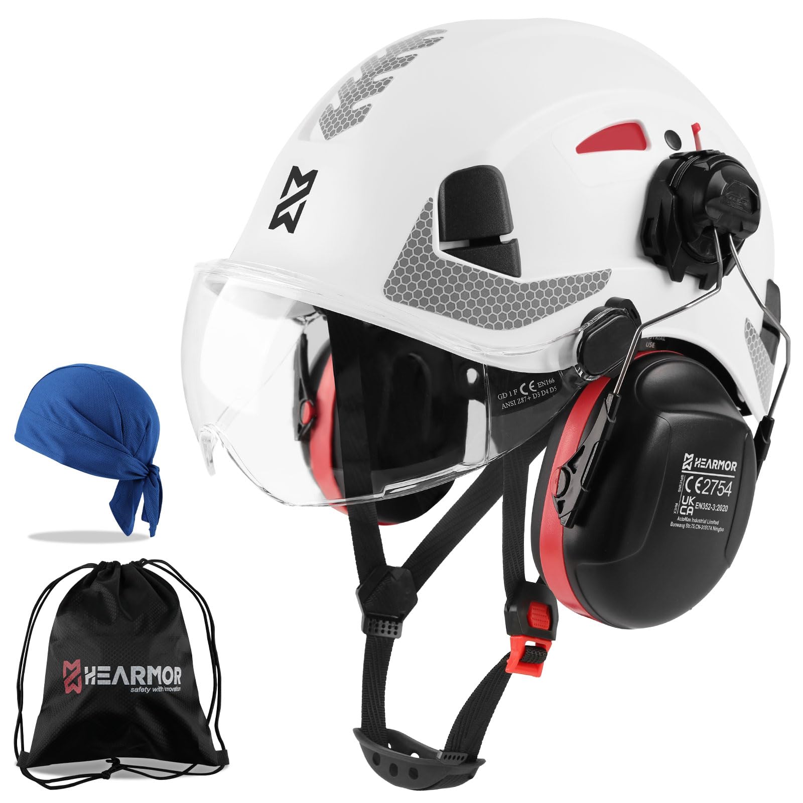 HEARMOR 3-in-1 Schutzhelm mit Gehörschutz und Visier, EN 397 zertifizierter Arbeitshelm für Forst-, BAU- und Kletterarbeiten, inklusive tragbarer Tasche und kühlender Helmeinlage