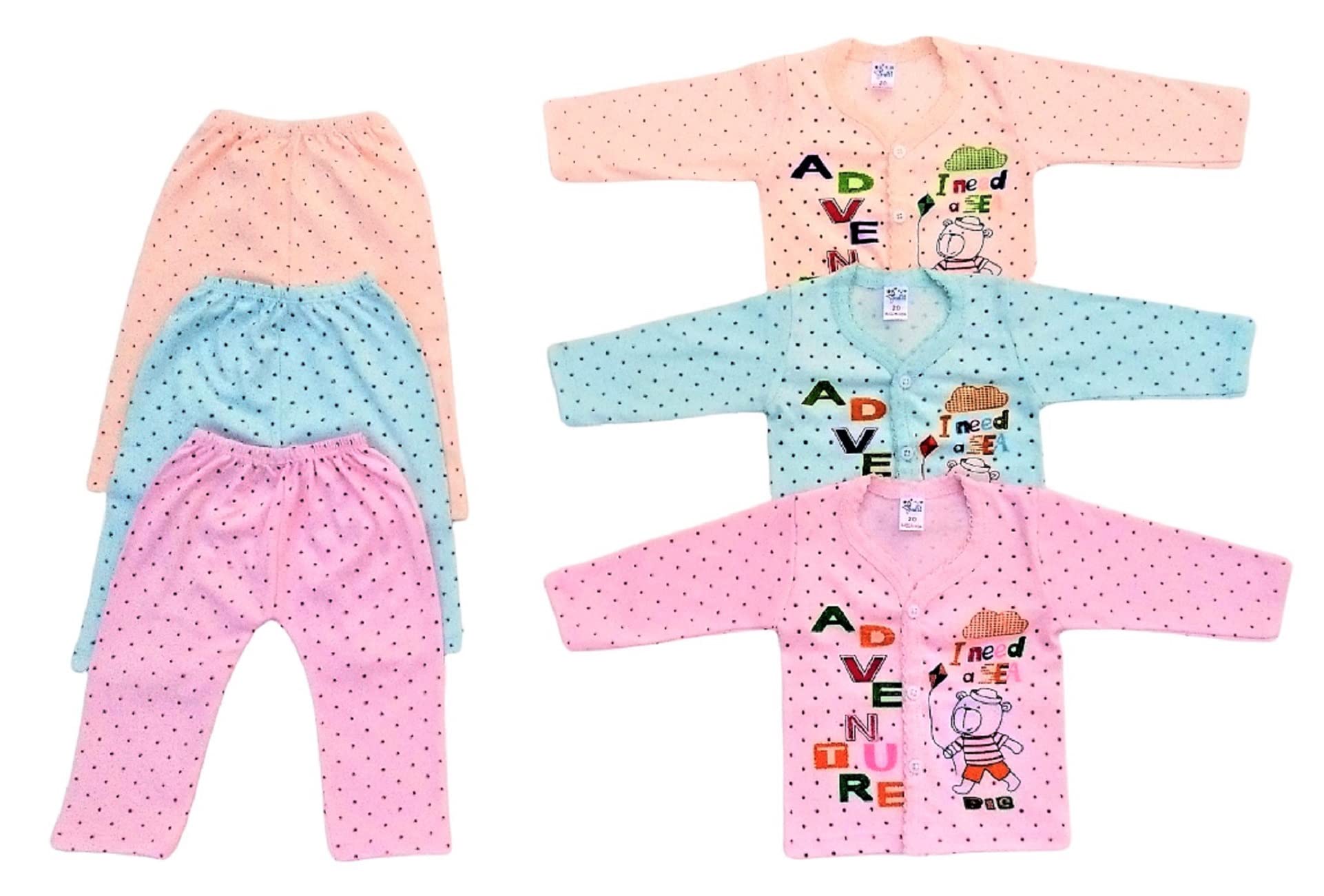 VfirstBaby Boy and Baby Girl Full Sleeves Soft Cotton Hosiery Vests, Front Open Jhabla T-Shirt with Pyjama Pants Dress for Kids Infant Toddler Casual New Born Baby Clothes Pack of - 3