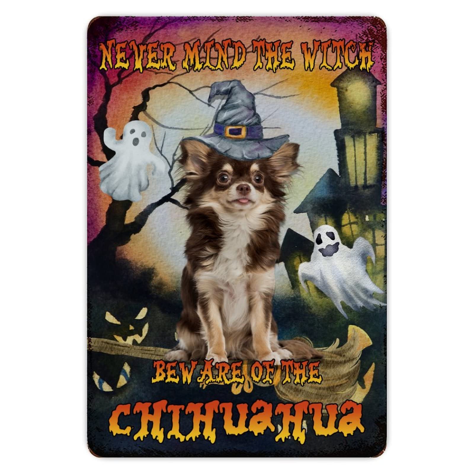 ENEDNATE Happy Halloween Never Mind The Witch Beware of The Dog Aluminum Tin Sign 8x12 Waterproof Vintage Metal Sign for School Office Classroom Gate Garage Garden Home Wall Decor Housewarming Gifts