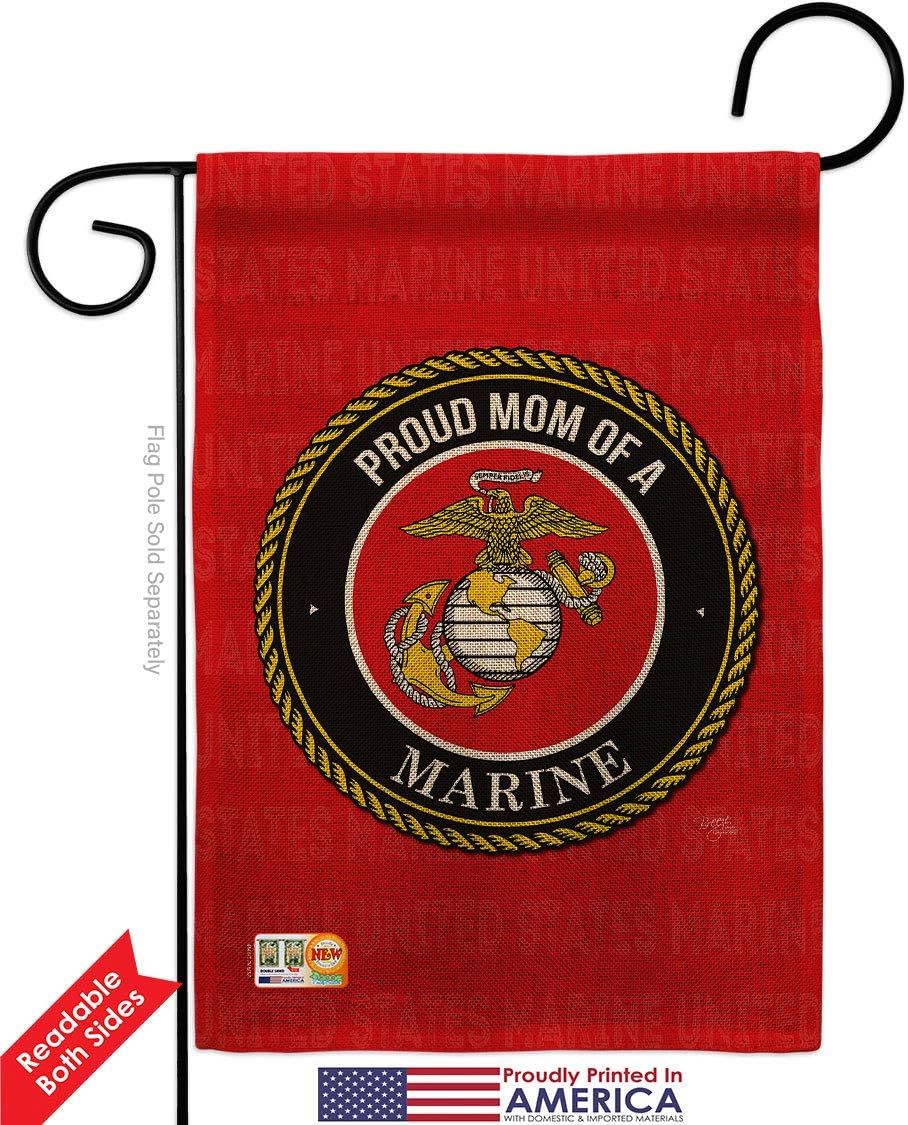 Proud Mom Marines Burlap Burlap Garden Flag Set Wood Dowel Armed Forces Marine Corps USMC Semper Fi United State American Military Veteran Retire Official Gift Yard House Double-Sided 13 X 18.5